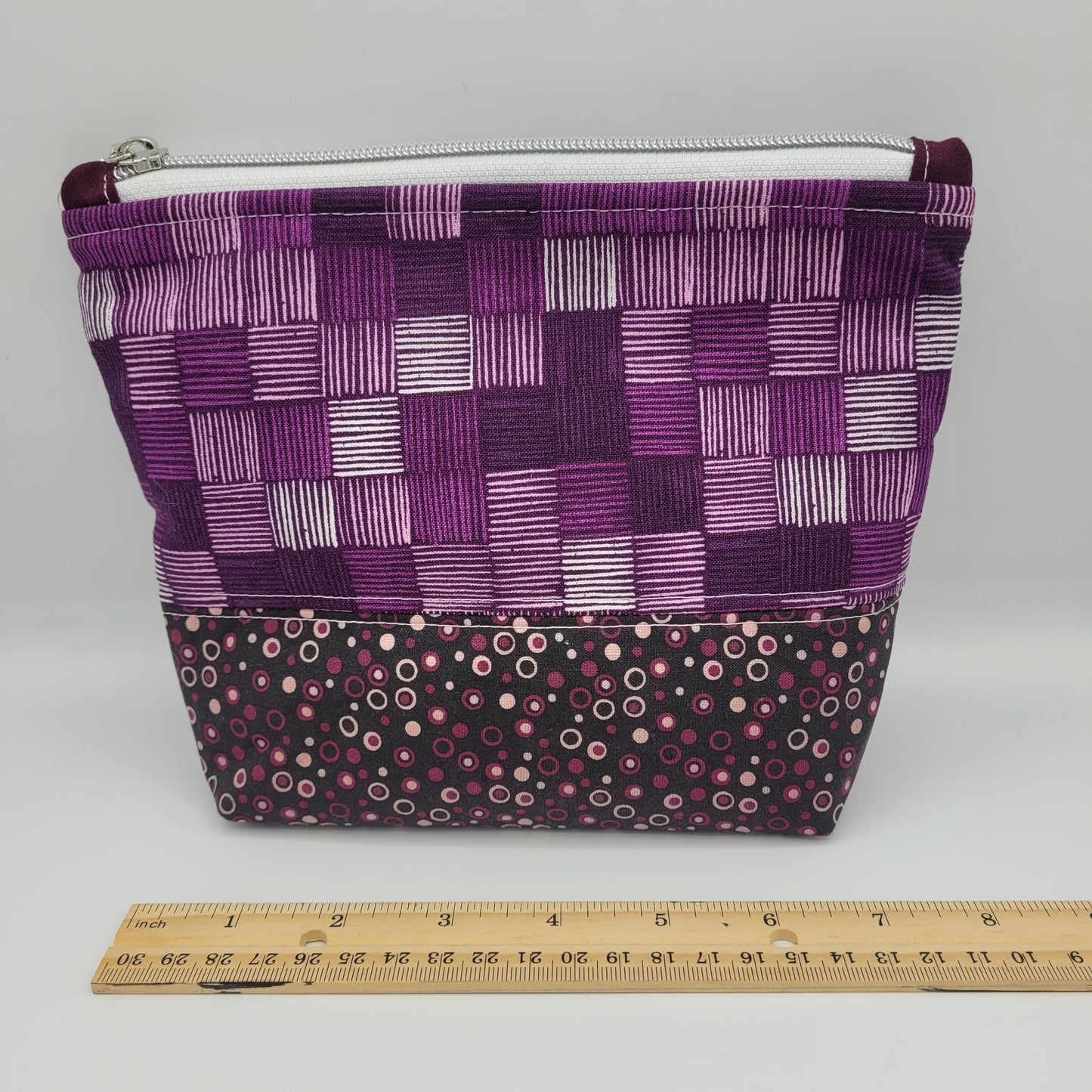 Zipper Pouch | Two Panel Cotton | Purple Dots & Squares | Medium