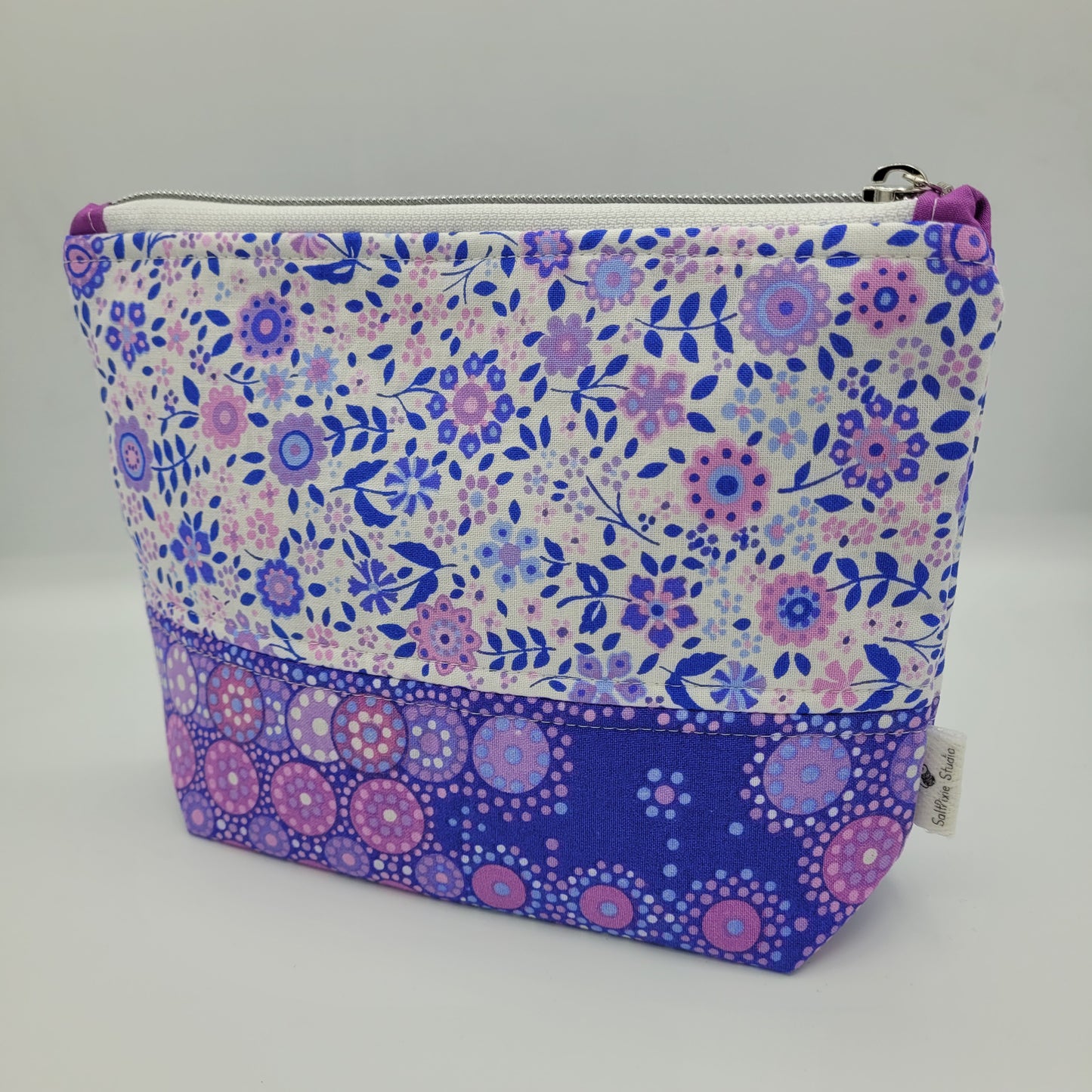Zipper Pouch | Two Panel Cotton | Dotted & Floral Purple Print B | Medium
