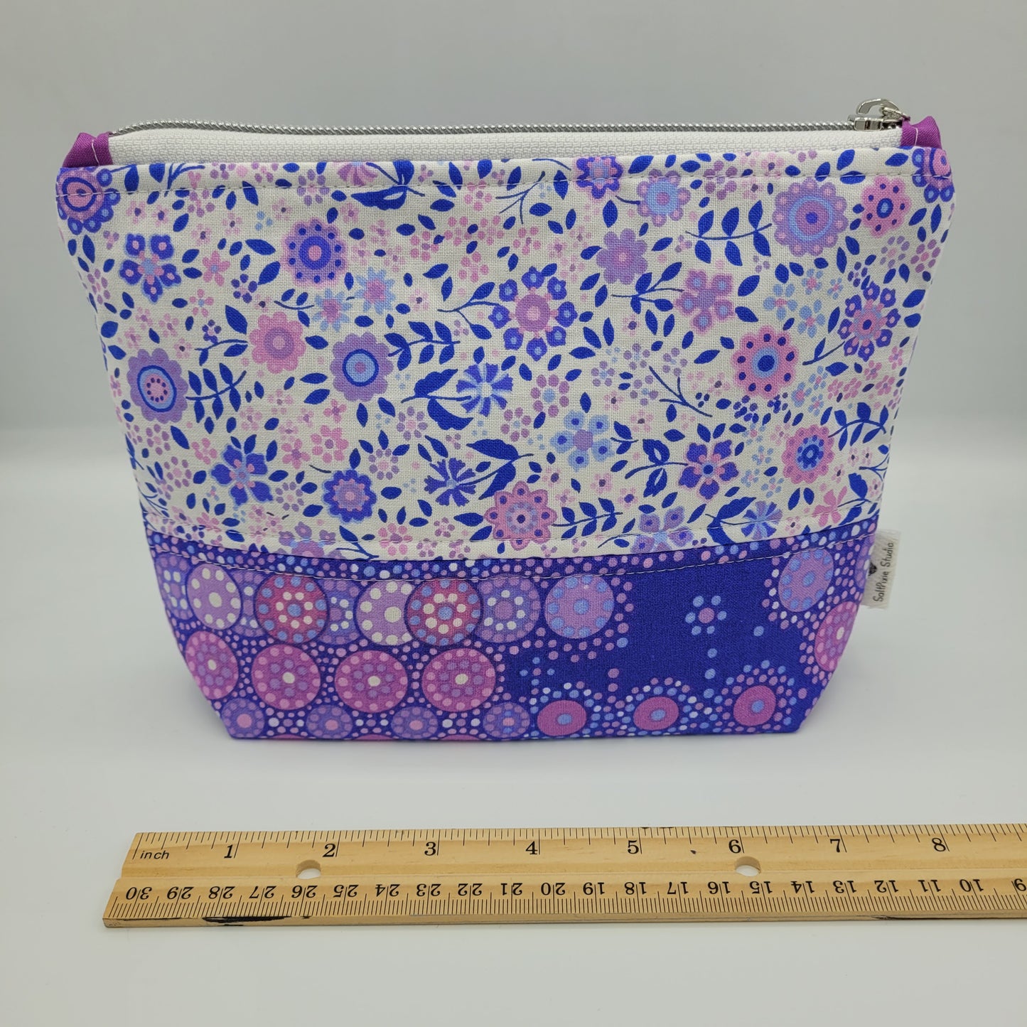 Zipper Pouch | Two Panel Cotton | Dotted & Floral Purple Print B | Medium