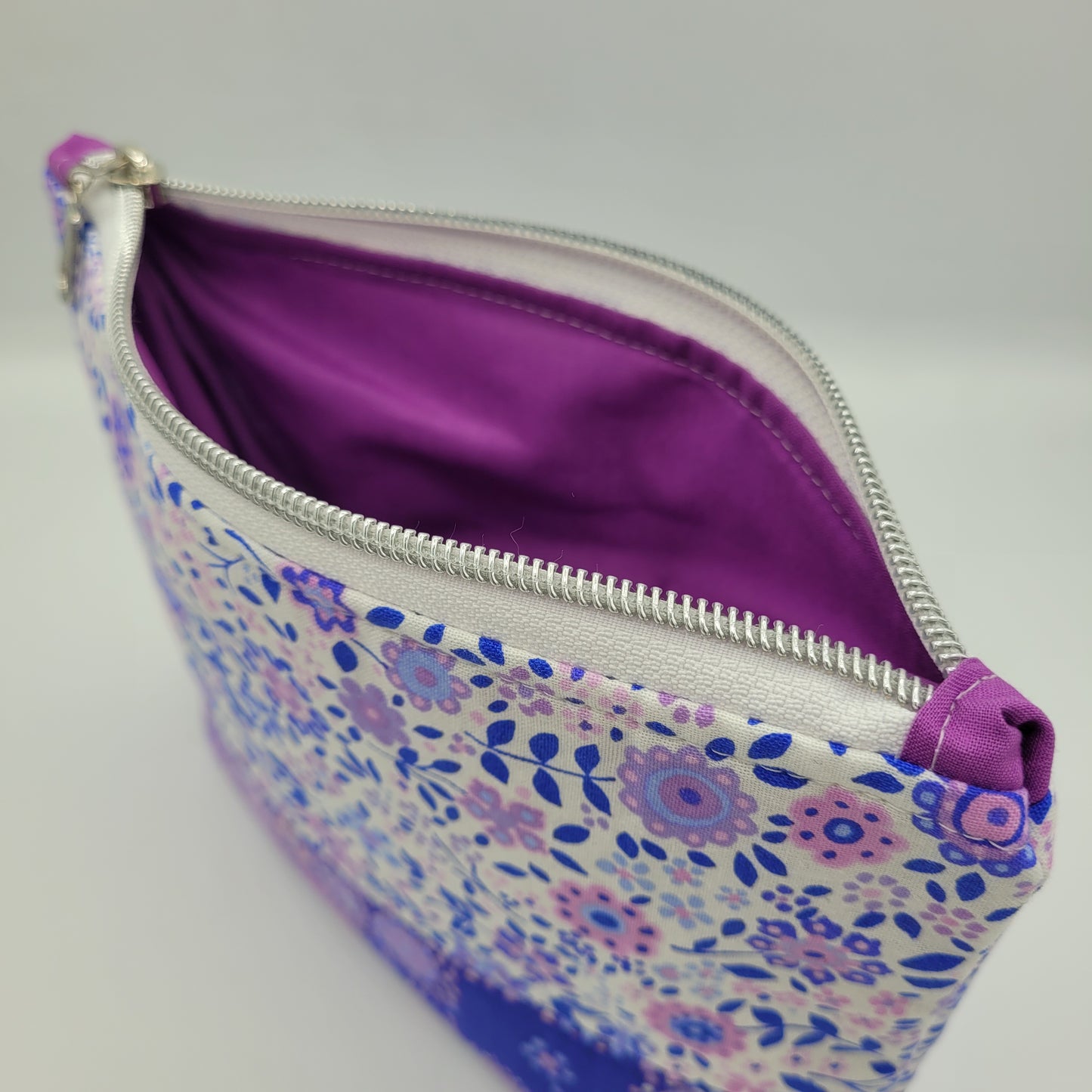 Zipper Pouch | Two Panel Cotton | Dotted & Floral Purple Print B | Medium