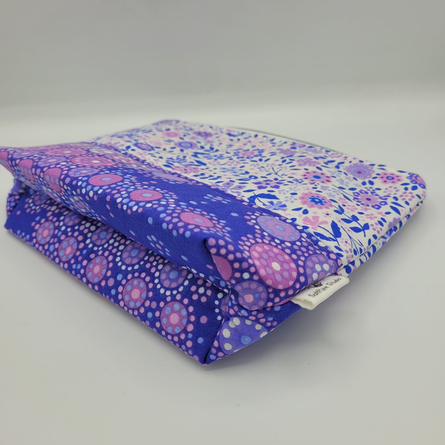 Zipper Pouch | Two Panel Cotton | Dotted & Floral Purple Print B | Medium