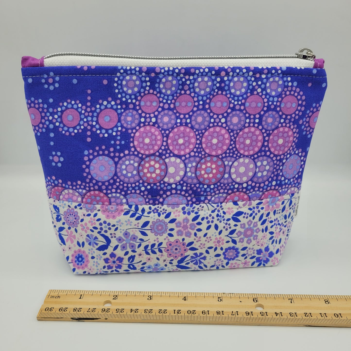 Zipper Pouch | Two Panel Cotton | Dotted & Floral Purple Print A | Medium