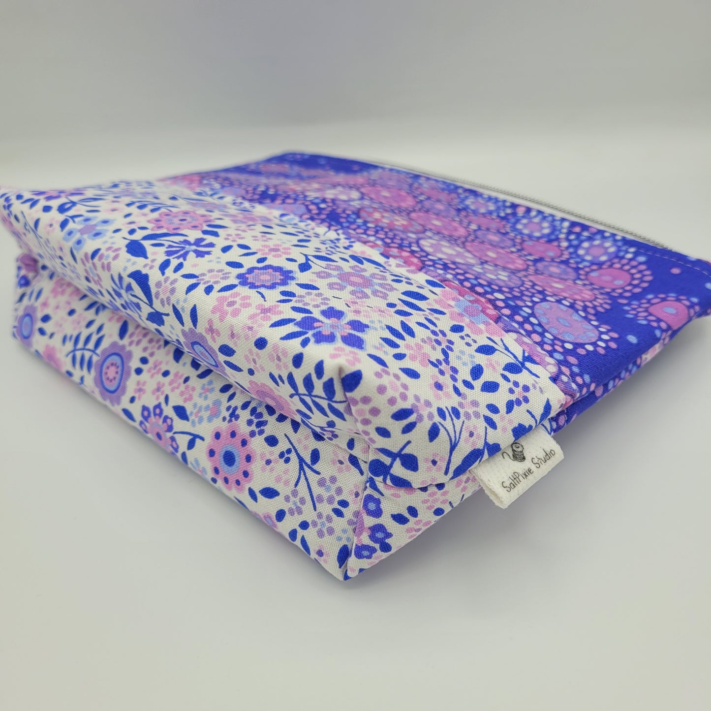 Zipper Pouch | Two Panel Cotton | Dotted & Floral Purple Print A | Medium