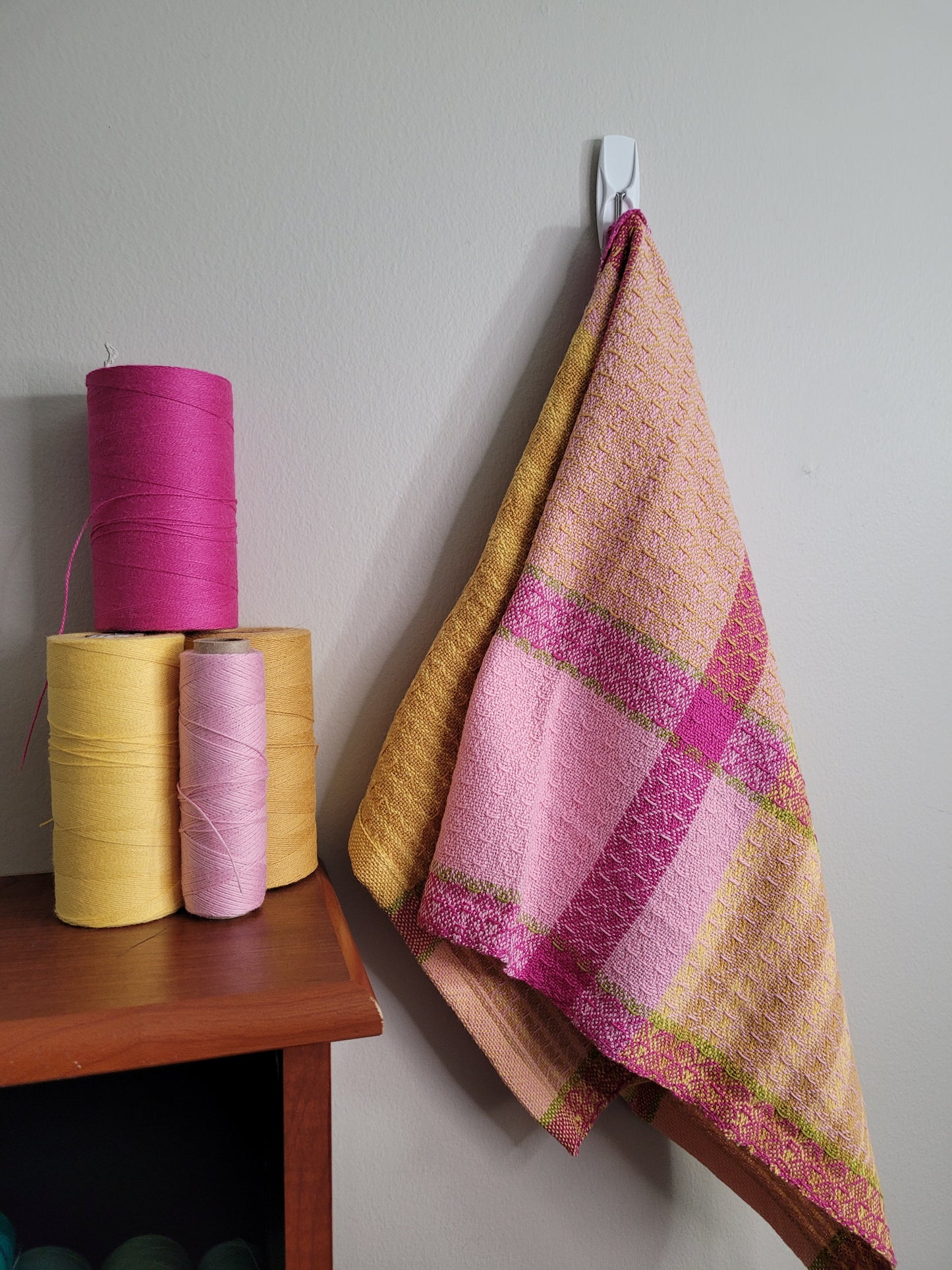 Dishtowel | Handwoven Kitchen Towel | Strawberry Lemonade | Pink, Yellows, Lime Green | Variant 2