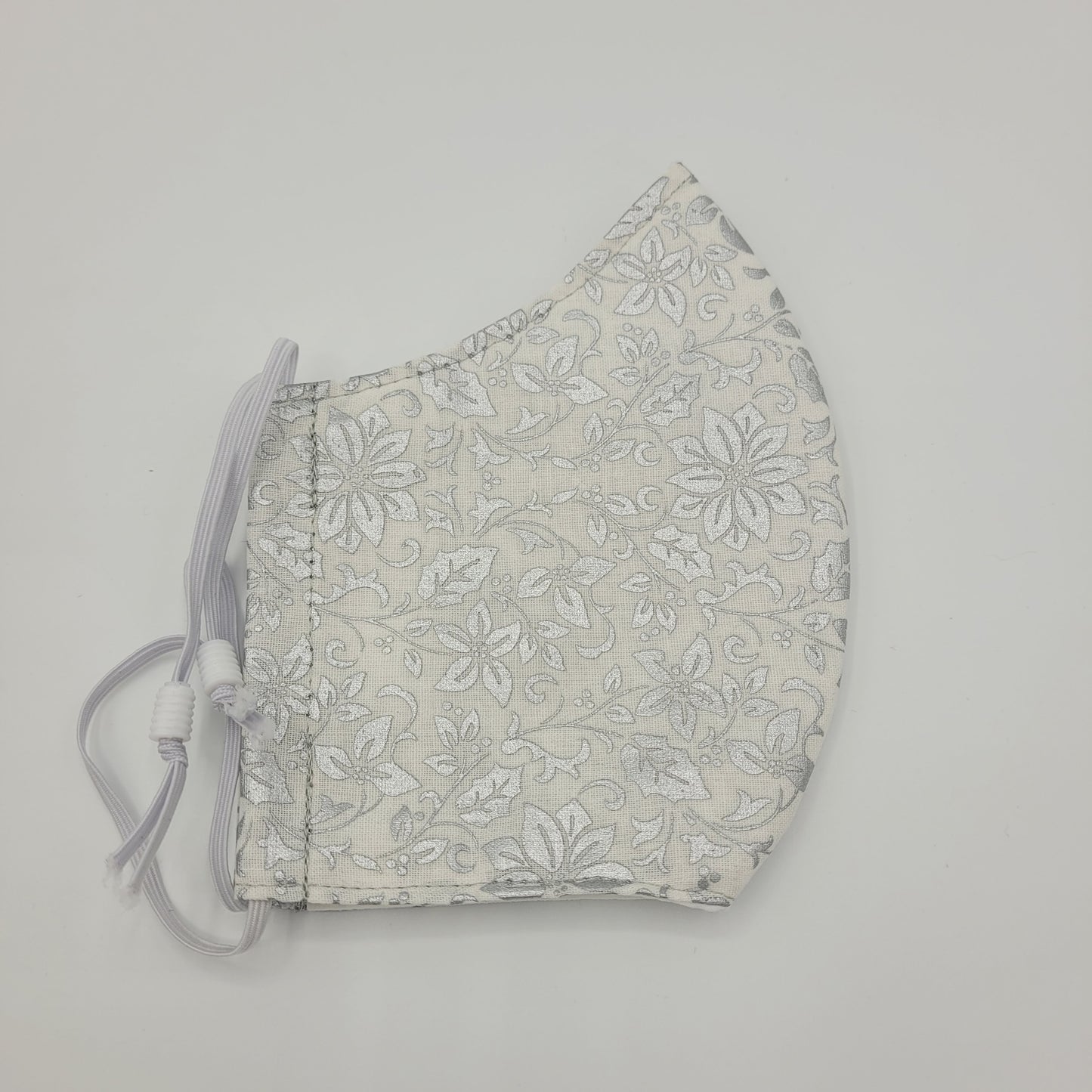 Cotton Face Mask w/ Filter Pocket | Adjustable Tie Ear Loops | Metallic White Floral | Washable Mask