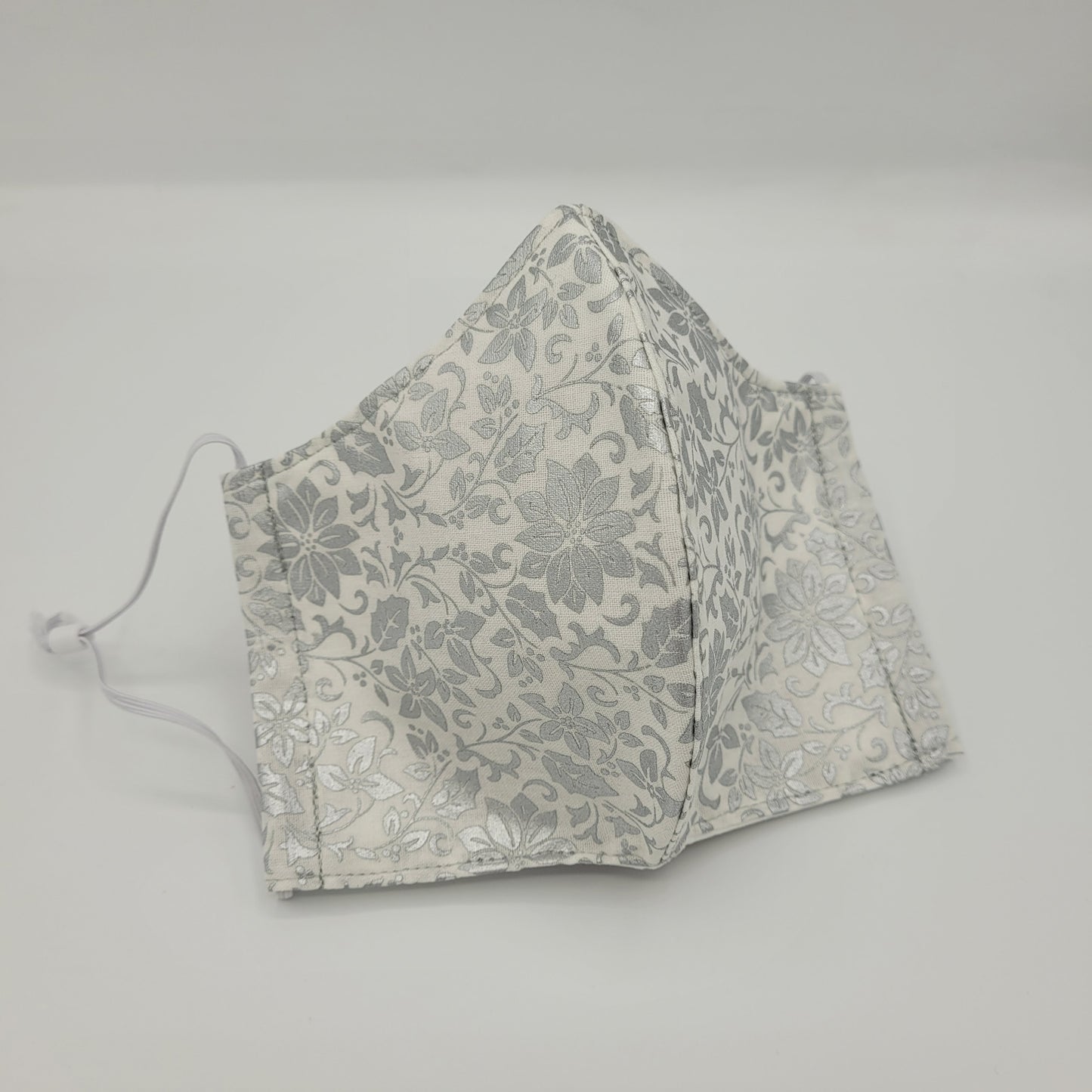 Cotton Face Mask w/ Filter Pocket | Adjustable Tie Ear Loops | Metallic White Floral | Washable Mask