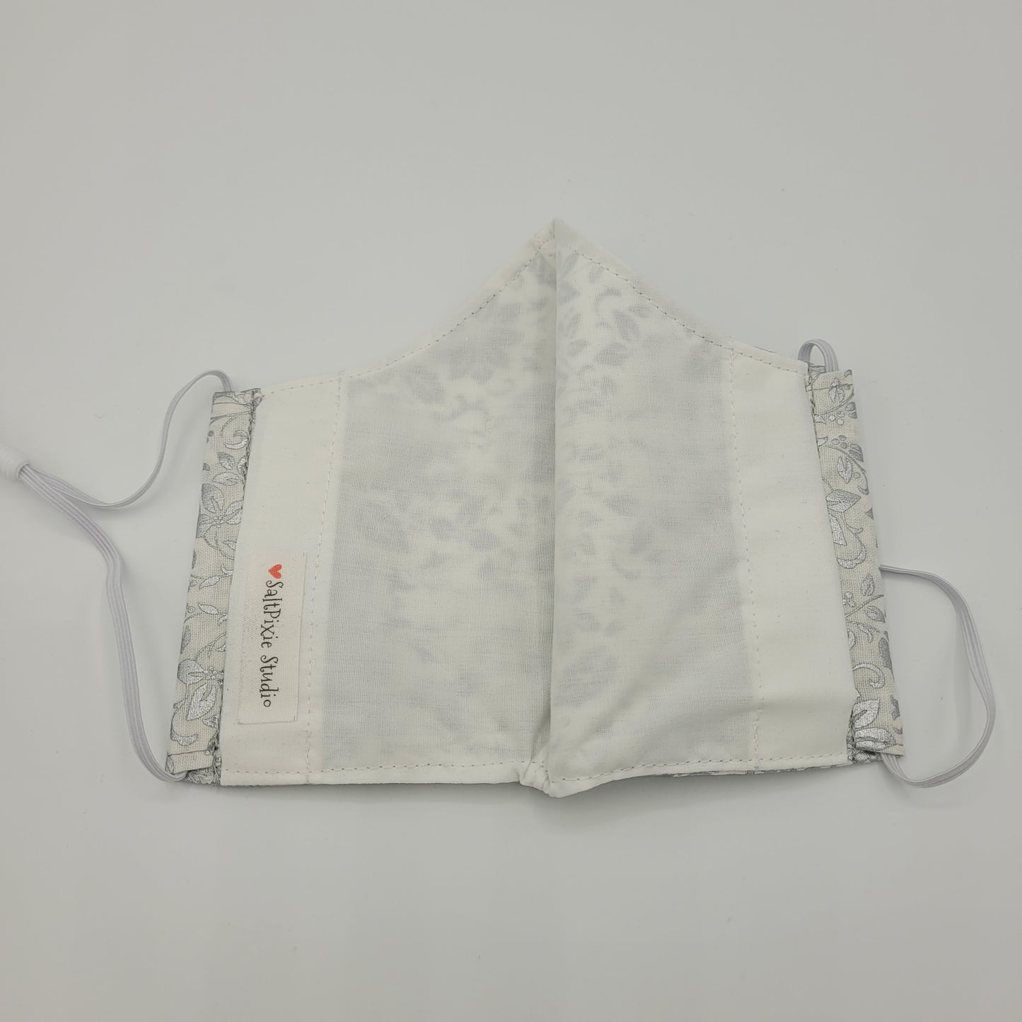 Cotton Face Mask w/ Filter Pocket | Adjustable Tie Ear Loops | Metallic White Floral | Washable Mask