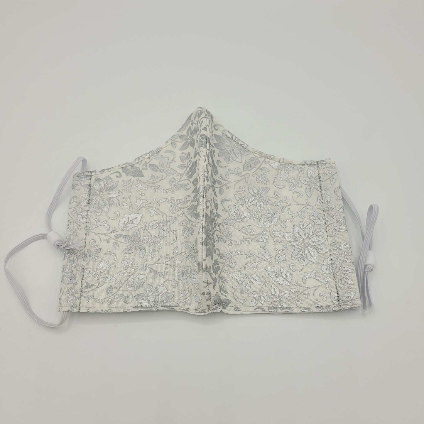 Cotton Face Mask w/ Filter Pocket | Adjustable Tie Ear Loops | Metallic White Floral | Washable Mask
