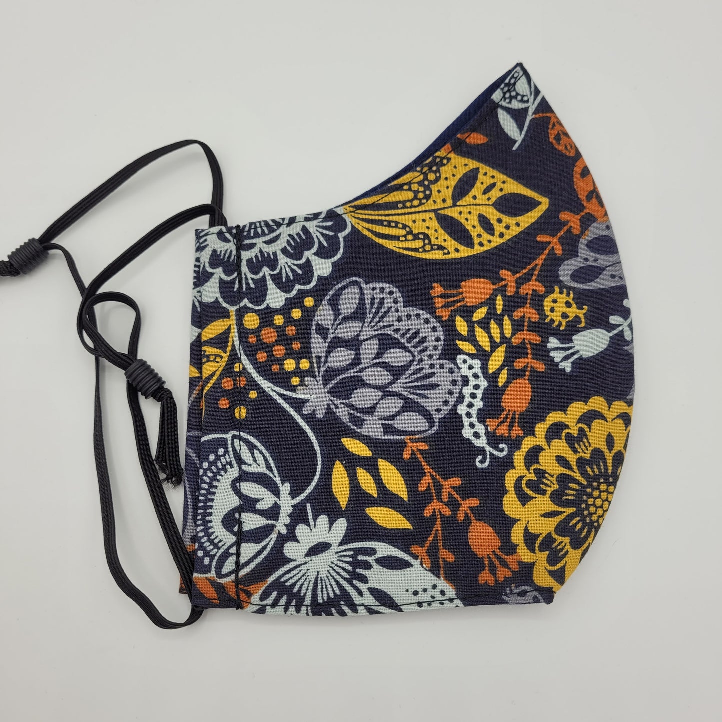 Cotton Face Mask w/ Filter Pocket | Adjustable Tie Ear Loops | Navy/Orange/Sky Blue Floral Print | Washable Mask