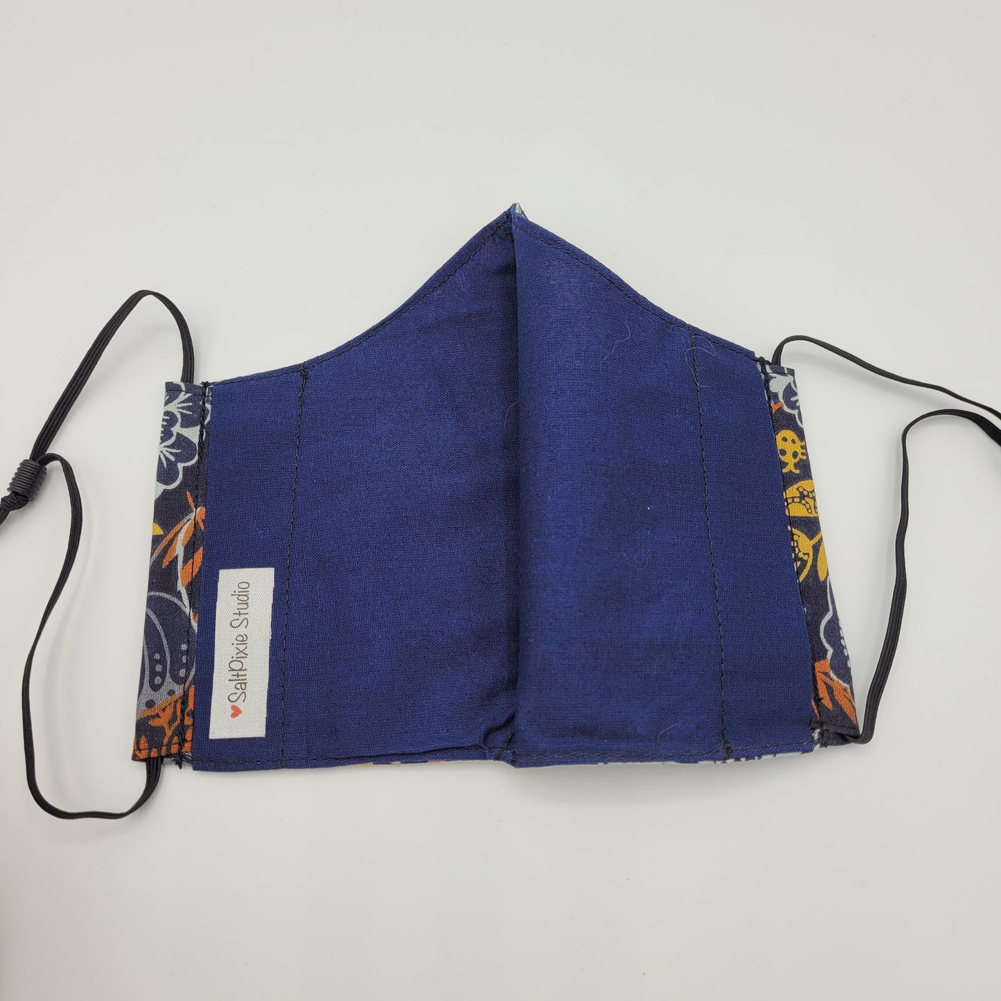 Cotton Face Mask w/ Filter Pocket | Adjustable Tie Ear Loops | Navy/Orange/Sky Blue Floral Print | Washable Mask