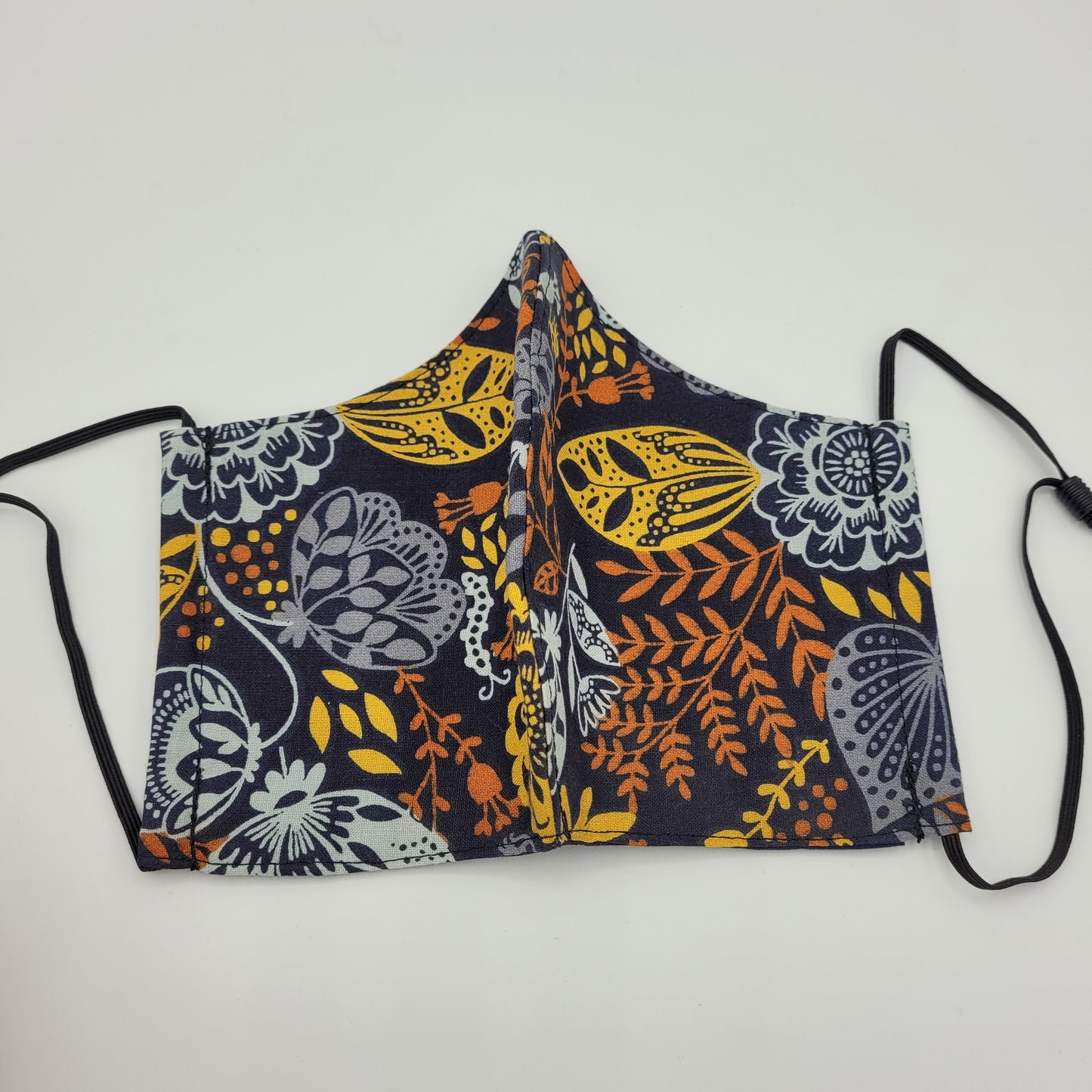 Cotton Face Mask w/ Filter Pocket | Adjustable Tie Ear Loops | Navy/Orange/Sky Blue Floral Print | Washable Mask