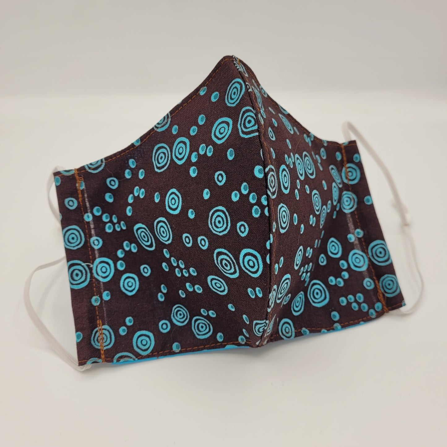 Cotton Face Mask w/ Filter Pocket | Adjustable Tie Ear Loops | Brown/Blue Dots | Washable Mask