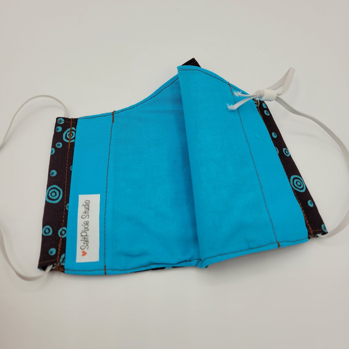 Cotton Face Mask w/ Filter Pocket | Adjustable Tie Ear Loops | Brown/Blue Dots | Washable Mask