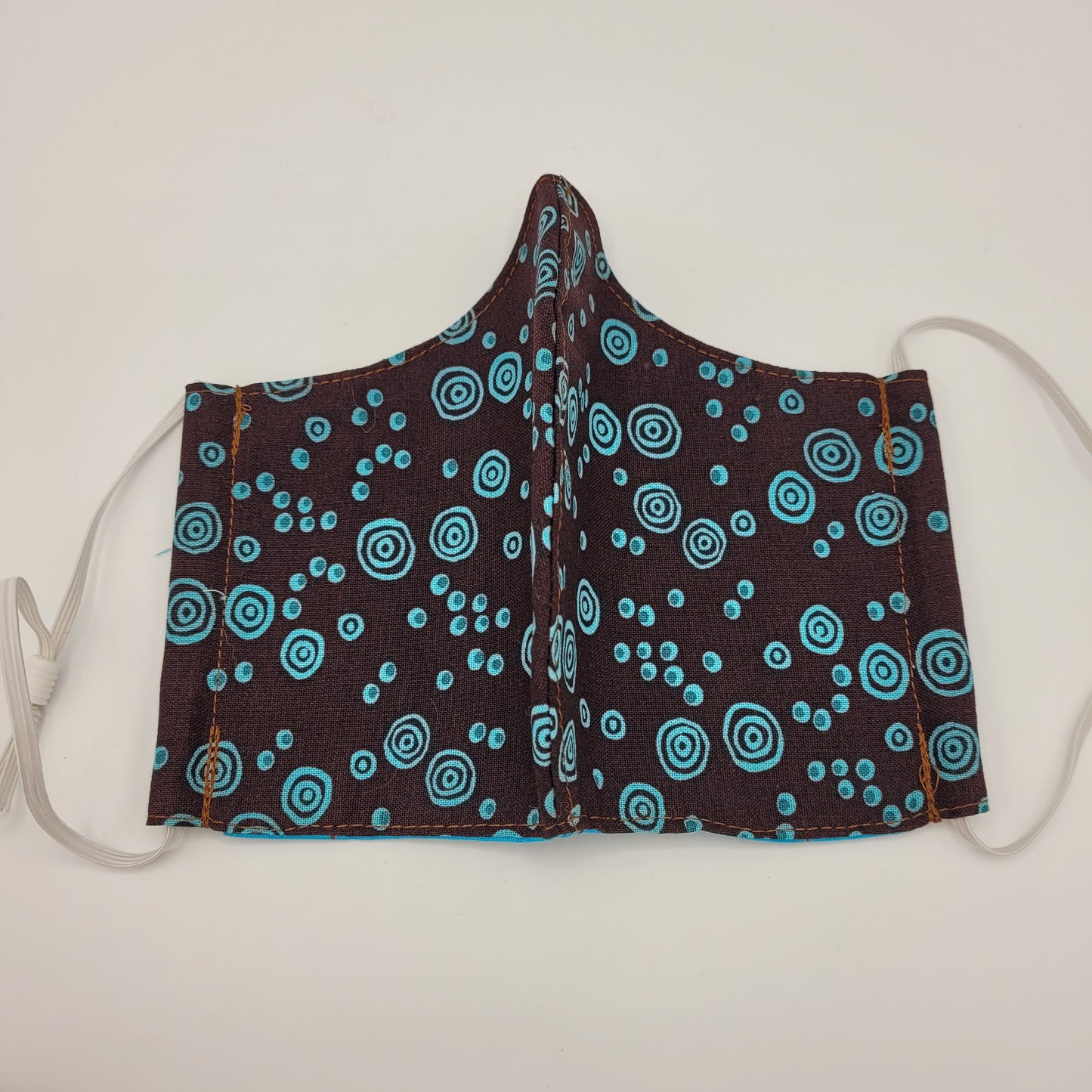 Cotton Face Mask w/ Filter Pocket | Adjustable Tie Ear Loops | Brown/Blue Dots | Washable Mask