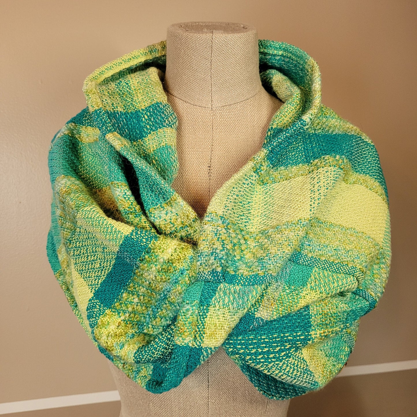 Handwoven Twisted Mobius Cowl | Blue Yellow Green Neck Wrap | Cotton | Tencel | Handwoven Wool