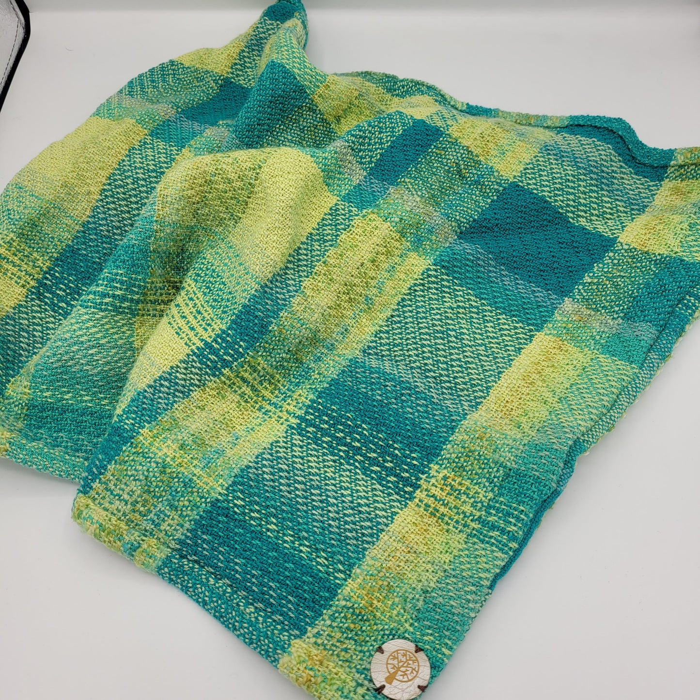 Handwoven Twisted Mobius Cowl | Blue Yellow Green Neck Wrap | Cotton | Tencel | Handwoven Wool
