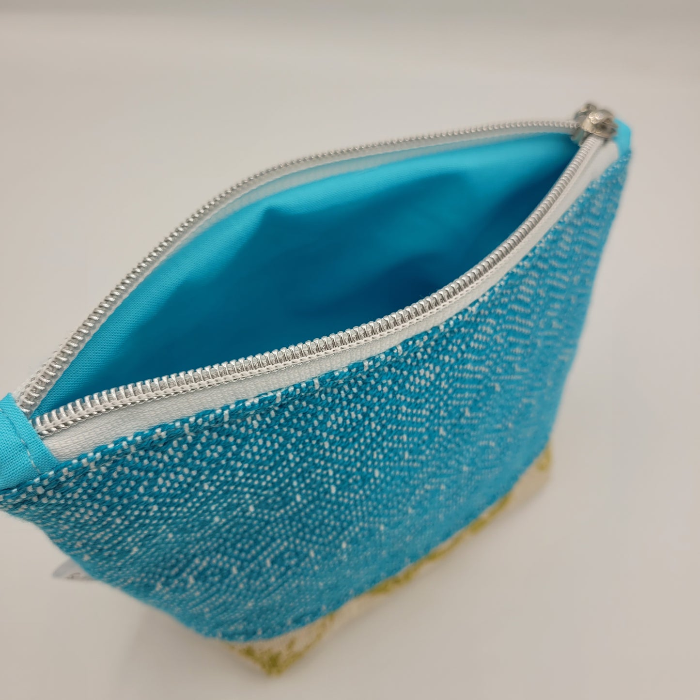 Zipper Pouch | Handwoven + Linen | Turquoise Green/Tan | Small