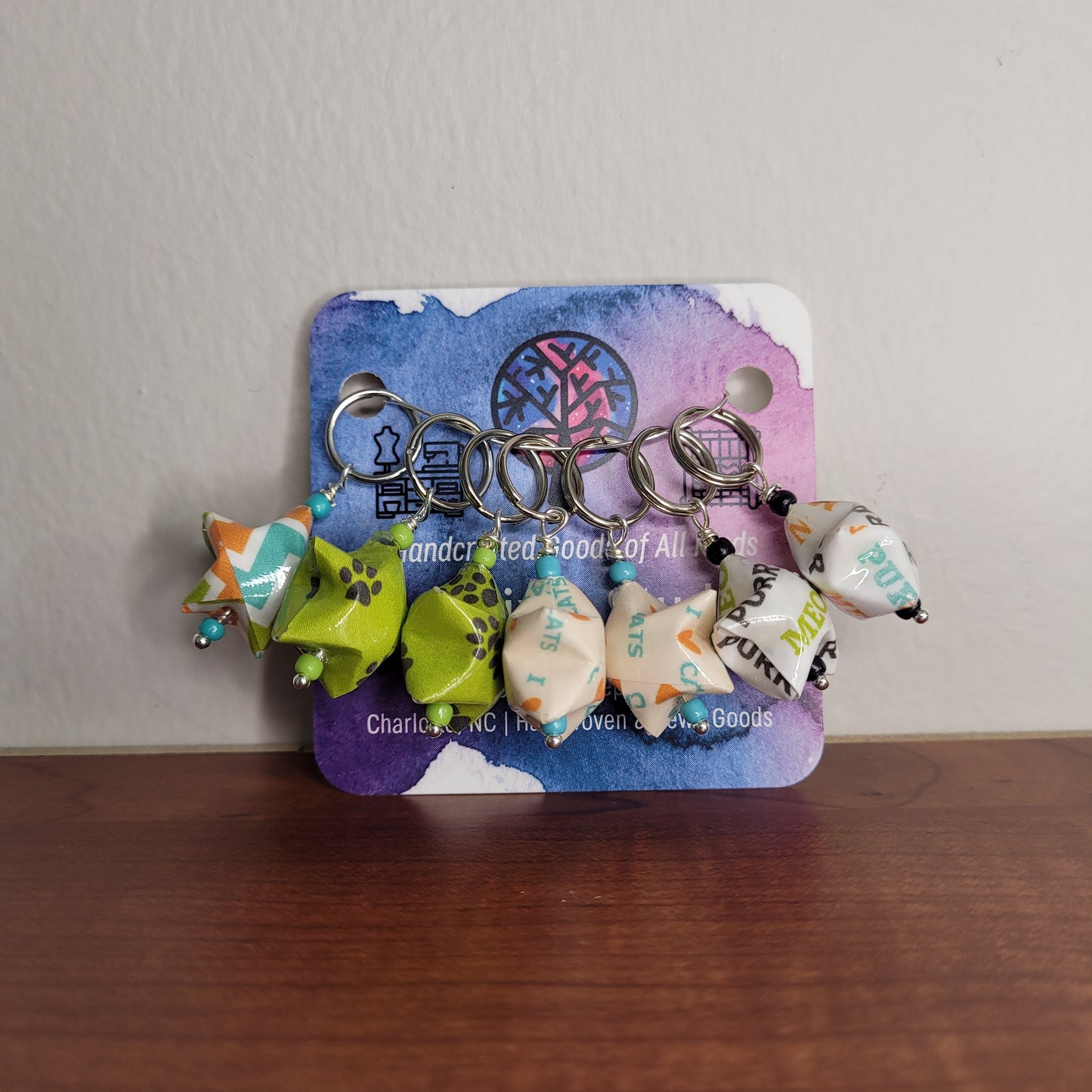 Stitch Marker | Handmade Paper Stars | Kitty Prints & Text | Set of 7