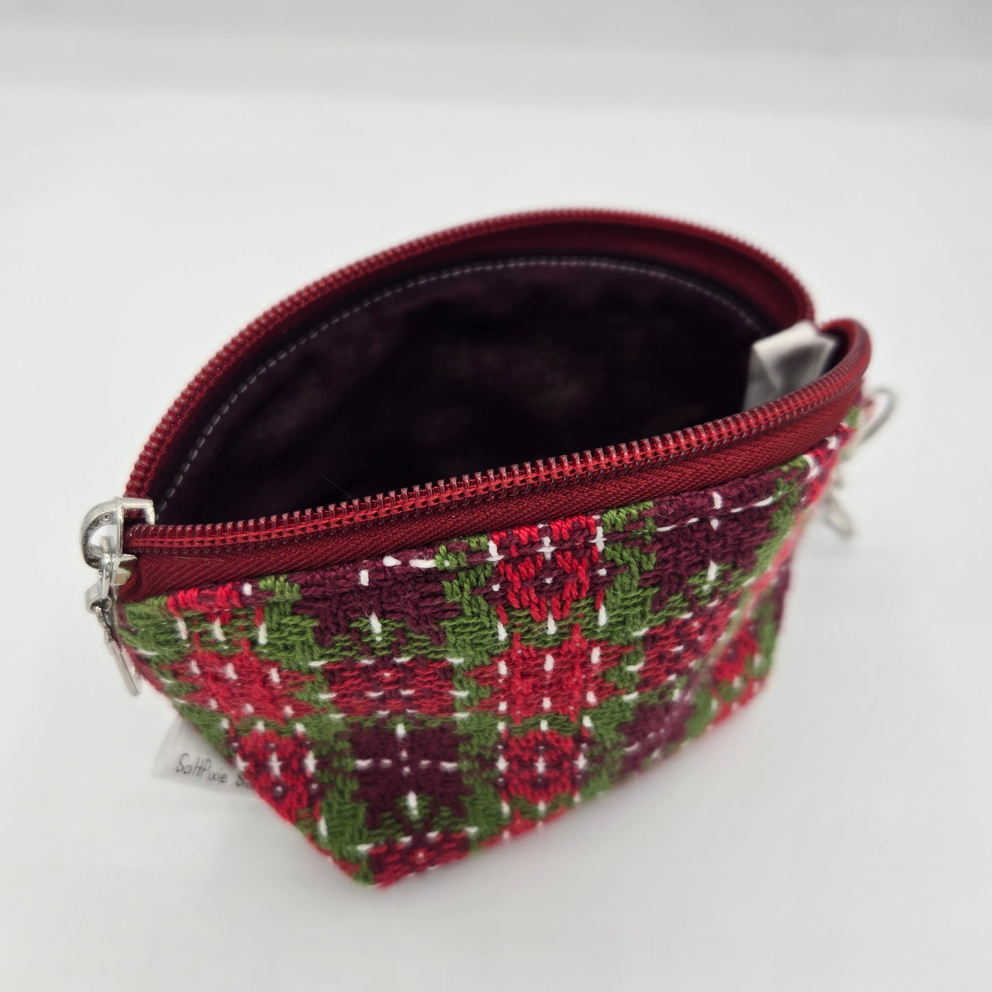 Curved Zipper Bag | Handwoven + Cotton | Holiday Plaid Red Birdhouses | Small