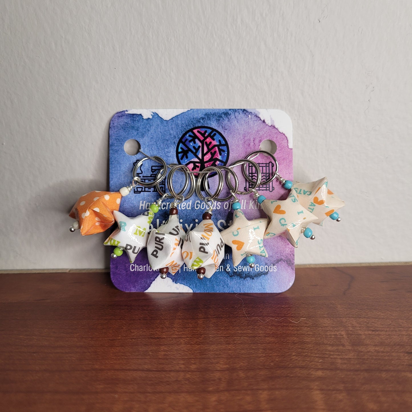 Stitch Marker | Handmade Paper Stars | Kitty Prints | Set of 7