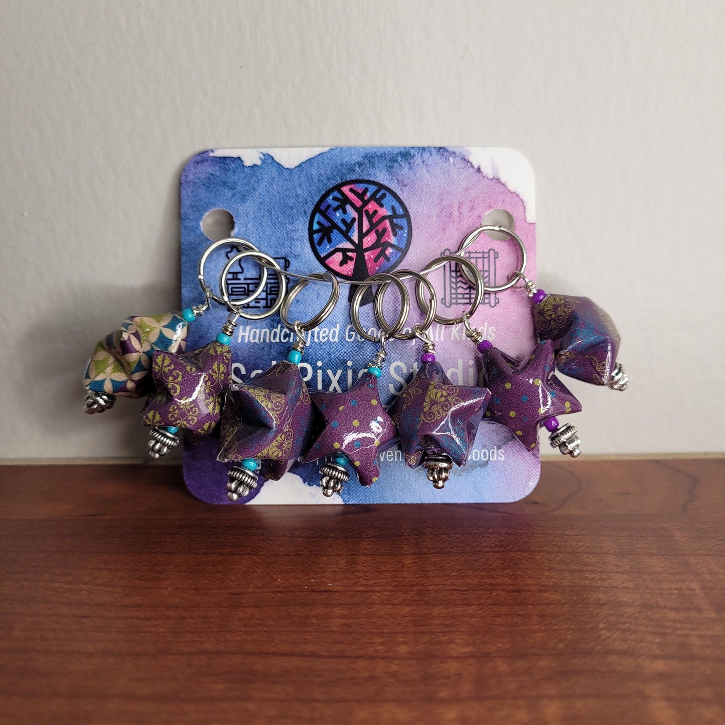 Stitch Marker | Handmade Paper Stars | Purple Pattern Mix | Set of 7