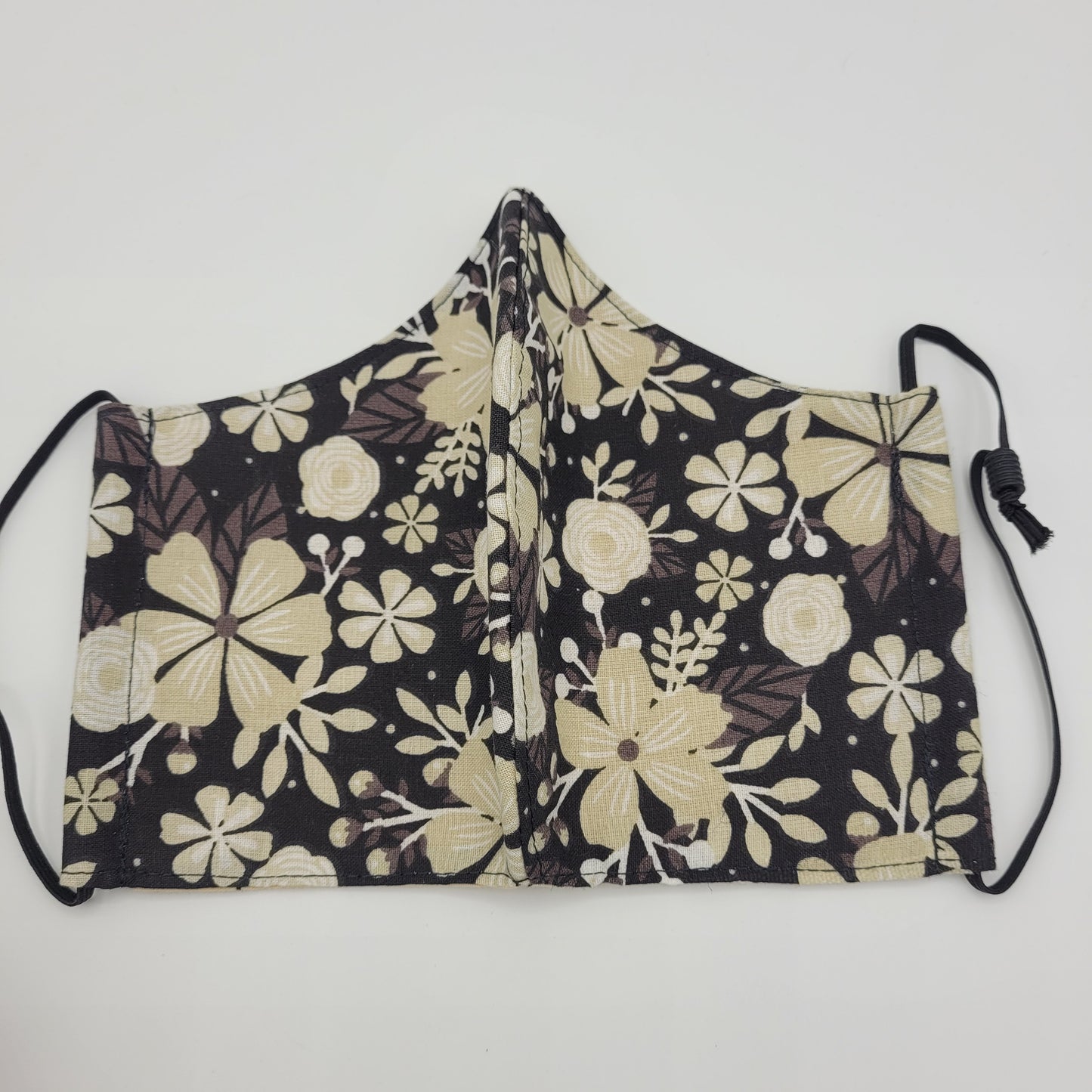 Cotton Face Mask w/ Filter Pocket | Adjustable Tie Ear Loops | Tan Black Floral | Washable Mask