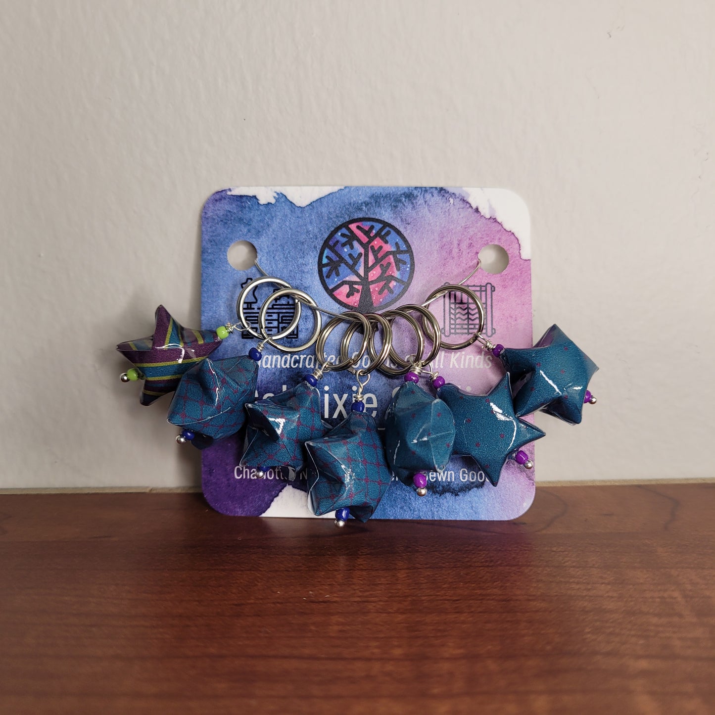 Stitch Marker | Handmade Paper Stars | Blue/Purple Mix Prints | Set of 7