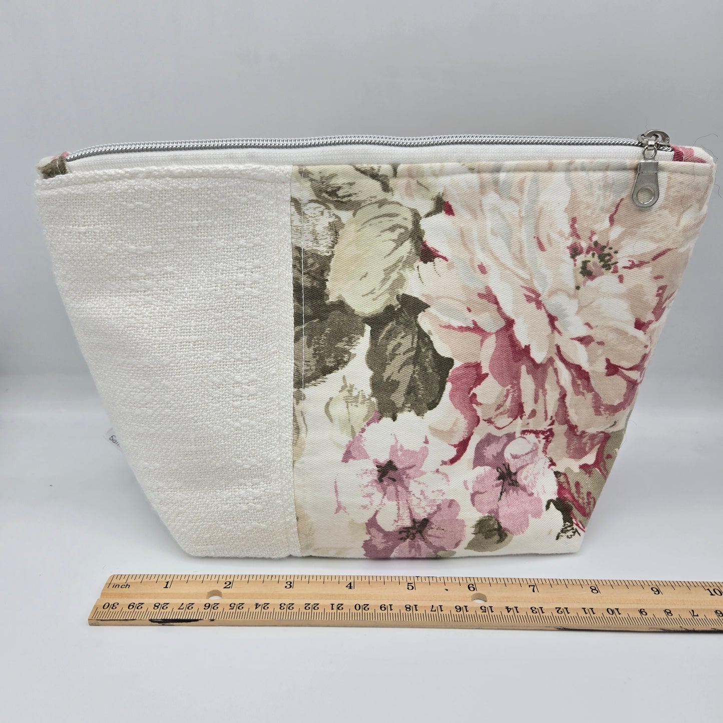 Zipper Pouch | Handwoven + Cotton | White Floral & Roses | Large