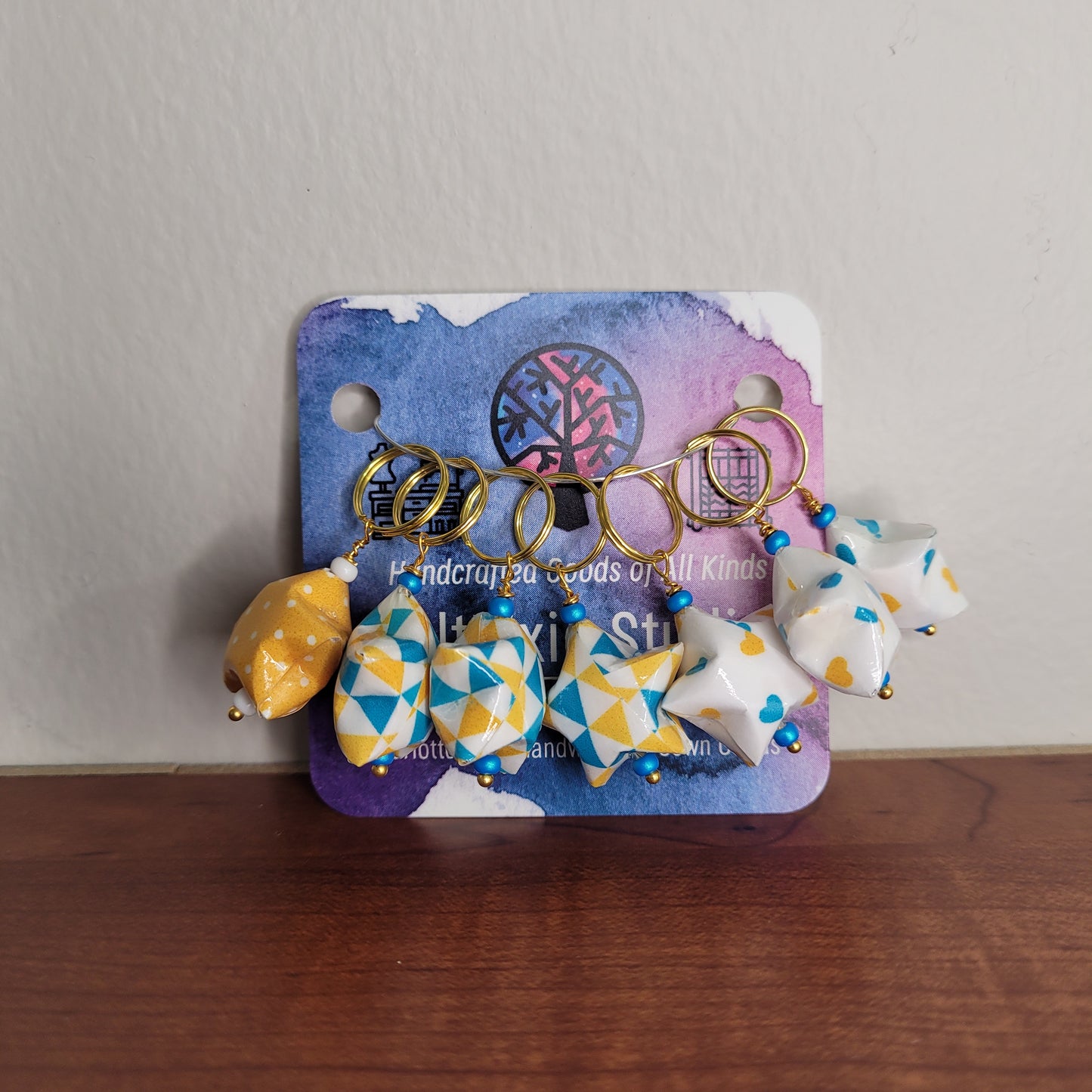 Stitch Marker | Handmade Paper Stars | Yellow/Blue Geometric and Polka Dots | Set of 7