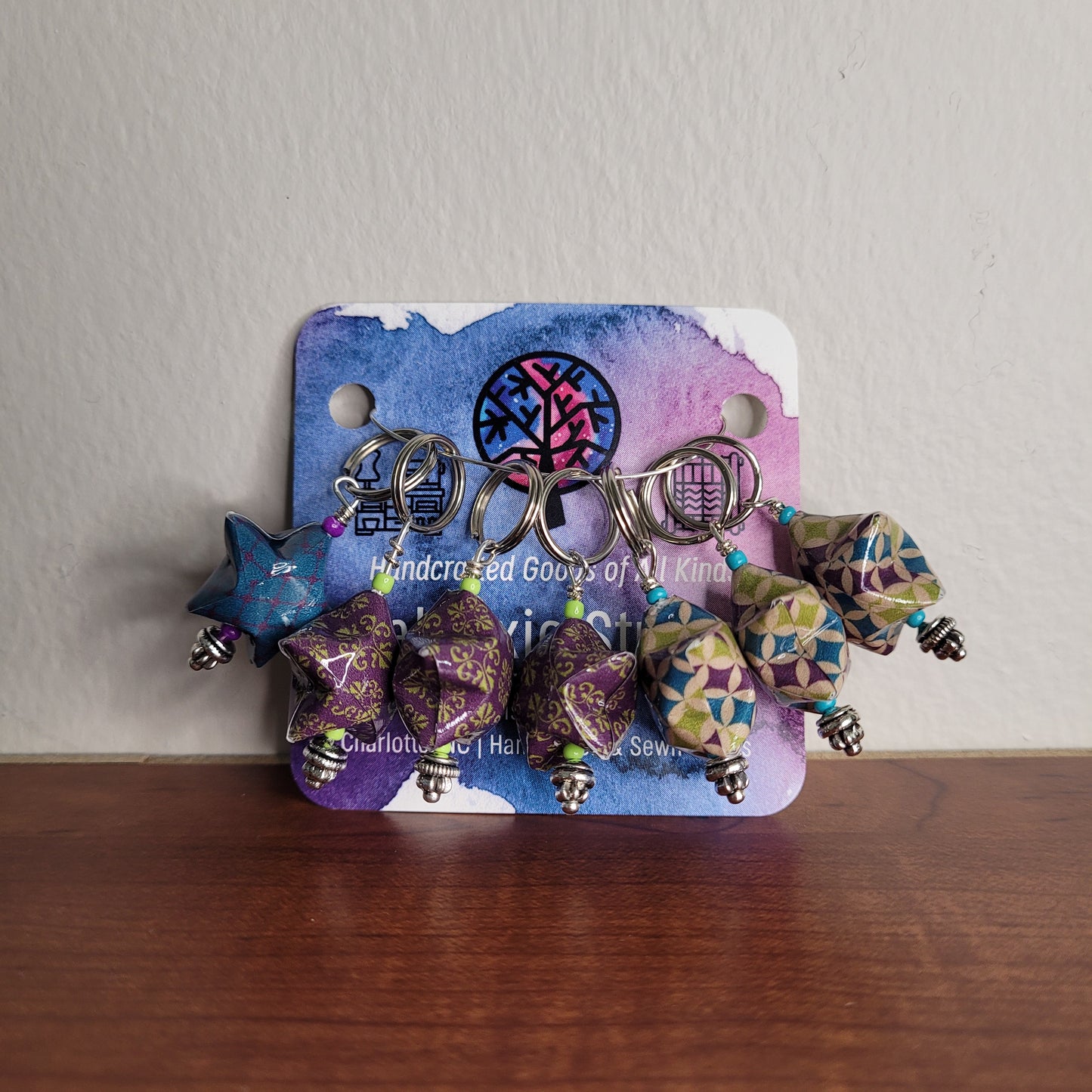 Stitch Marker | Handmade Paper Stars | Purple Geometric Fancy | Set of 7