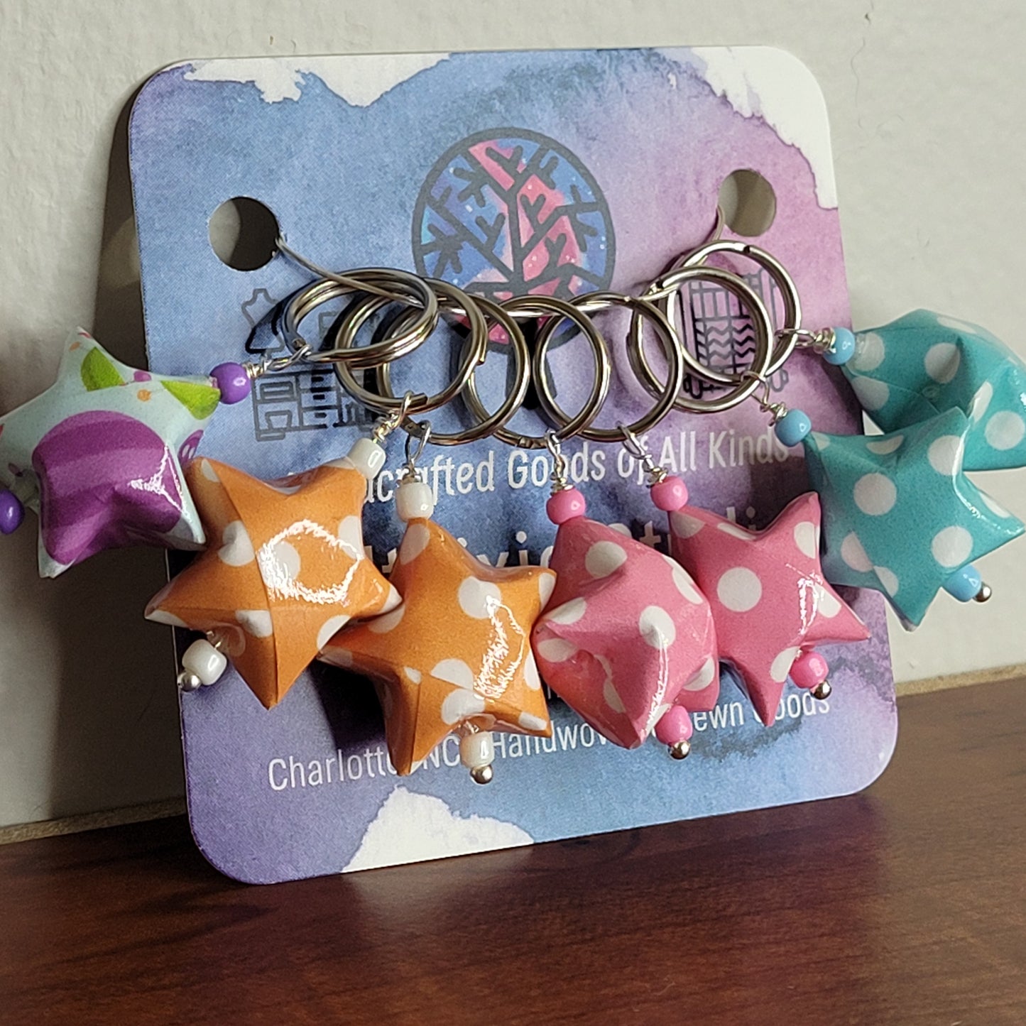 Stitch Marker | Handmade Paper Stars | Multicolor Polka Dots | Set of 7