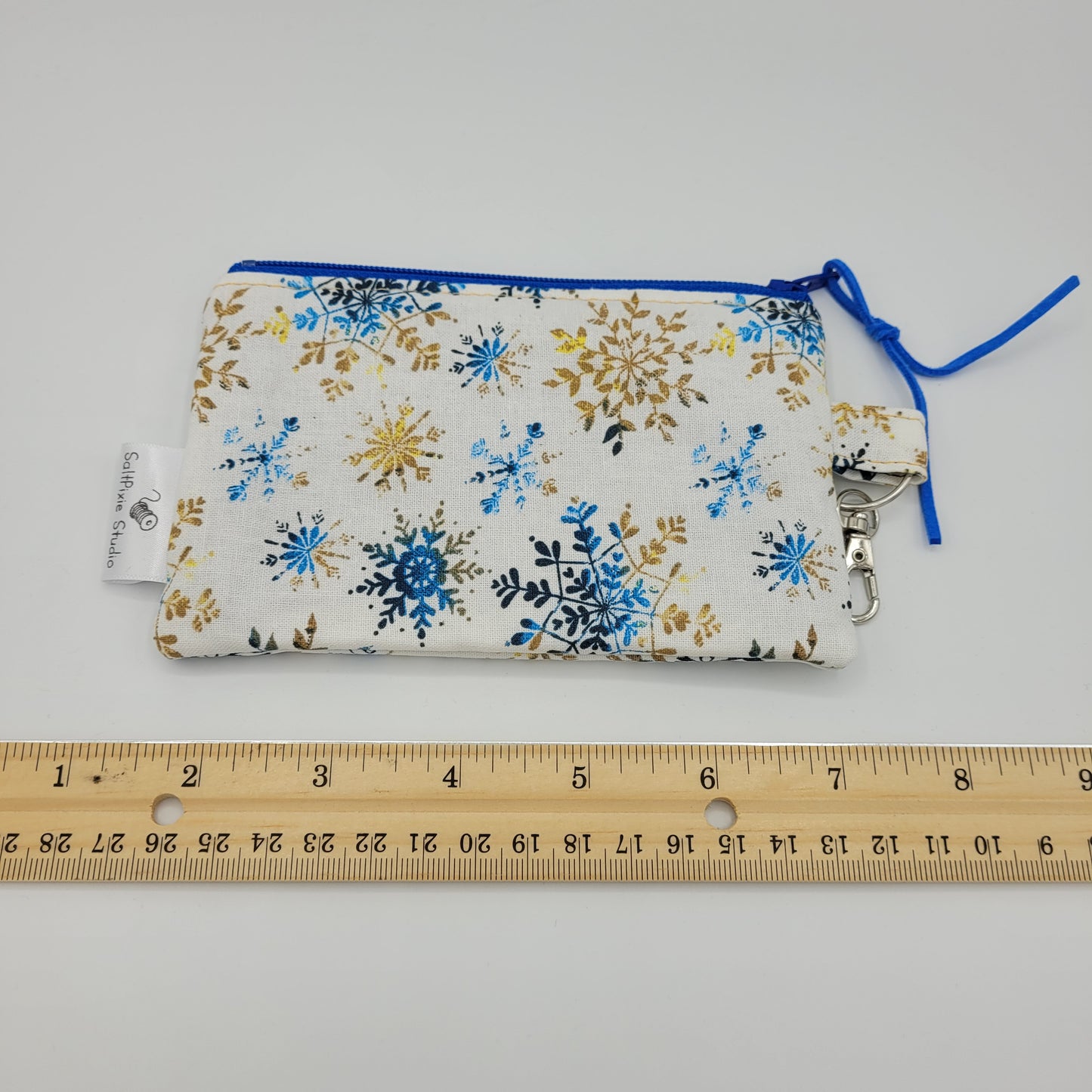 Mini Zipper Pouch | Quilter's Cotton | Blue/Gold Snowflake Print
