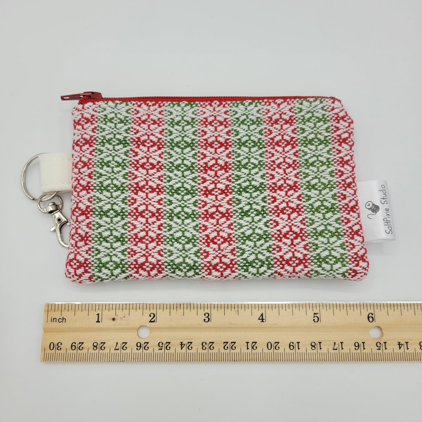 Mini Zipper Pouch | Handwoven Cotton | Snowflake Red/Green Stripes