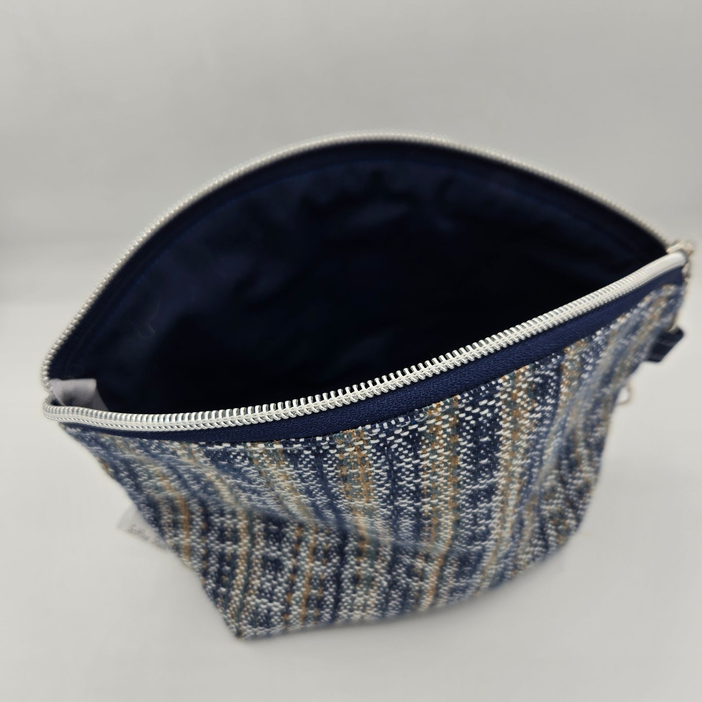 Curved Zipper Bag | Handwoven + Cotton | Navy and Gold Floral | Medium