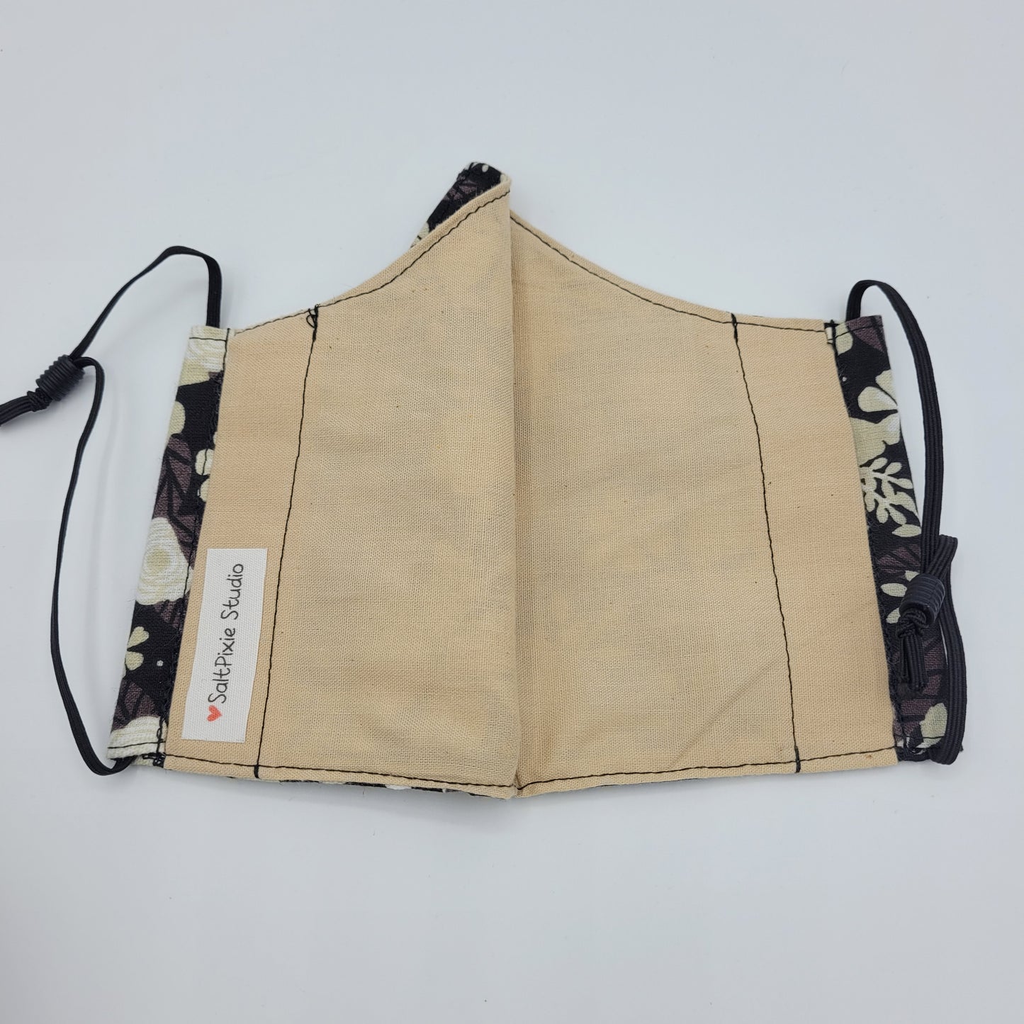 Cotton Face Mask w/ Filter Pocket | Adjustable Tie Ear Loops | Tan Black Floral | Washable Mask