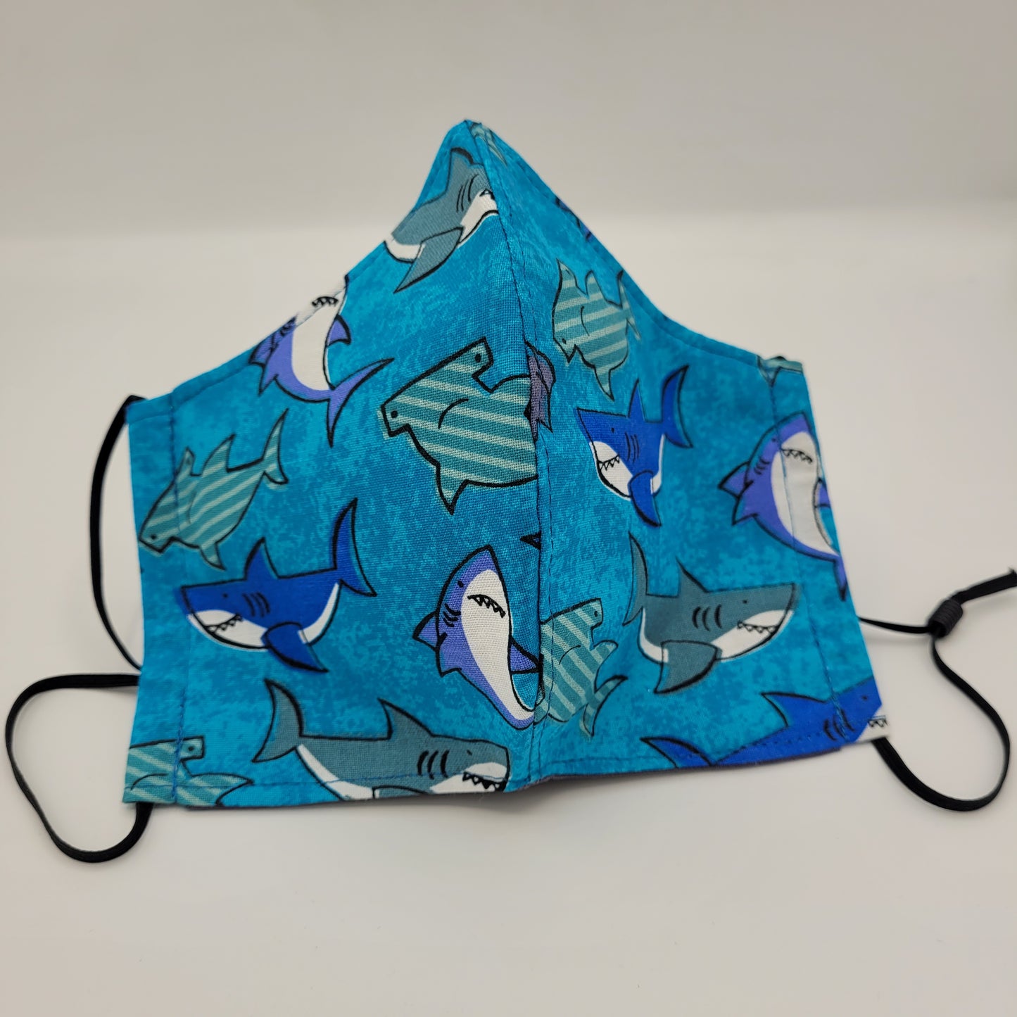 Cotton Face Mask w/ Filter Pocket | Adjustable Tie Ear Loops | Cartoon Shark Print | Washable Mask