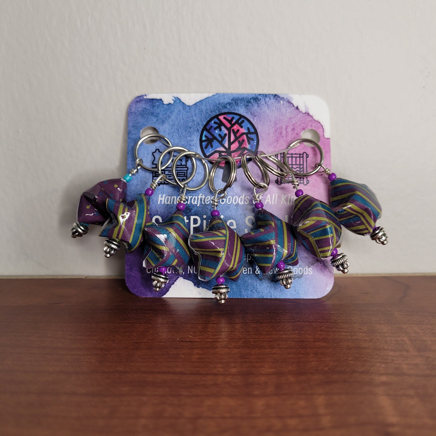 Stitch Marker | Handmade Paper Stars | Purple/Blue/Green Stripes | Set of 7