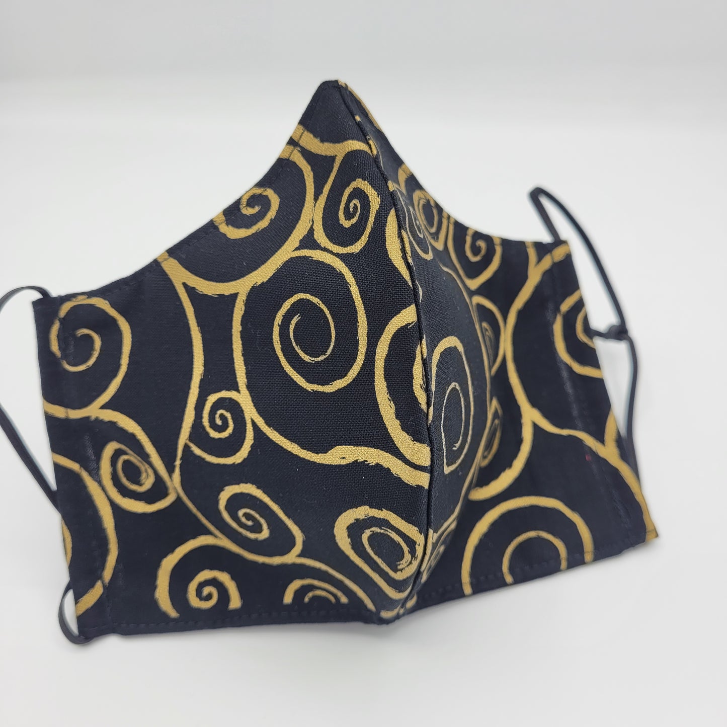 Cotton Face Mask w/ Filter Pocket | Adjustable Tie Ear Loops | Black/Gold Swirls | Washable Mask