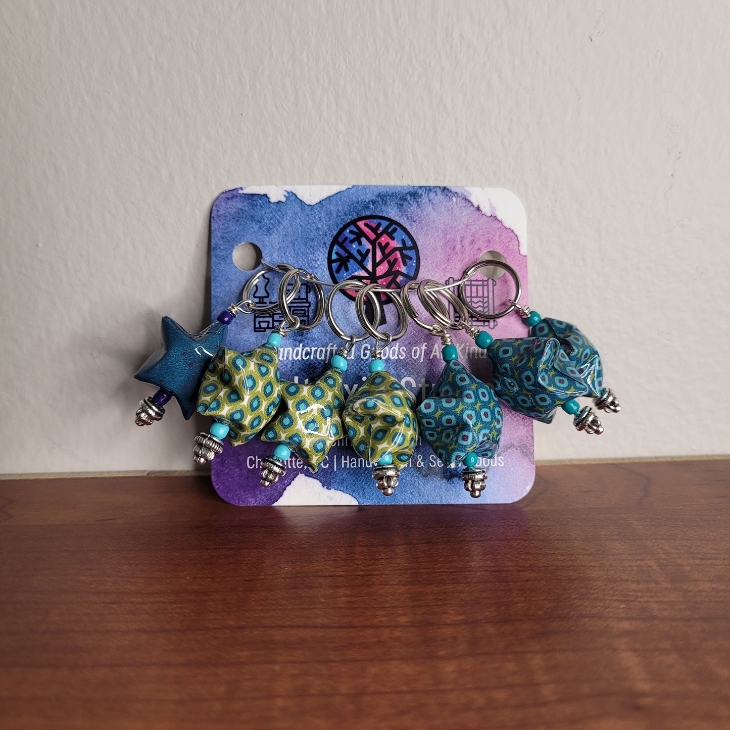 Stitch Marker | Handmade Paper Stars | Blue/Green/Purple Dots B | Set of 7