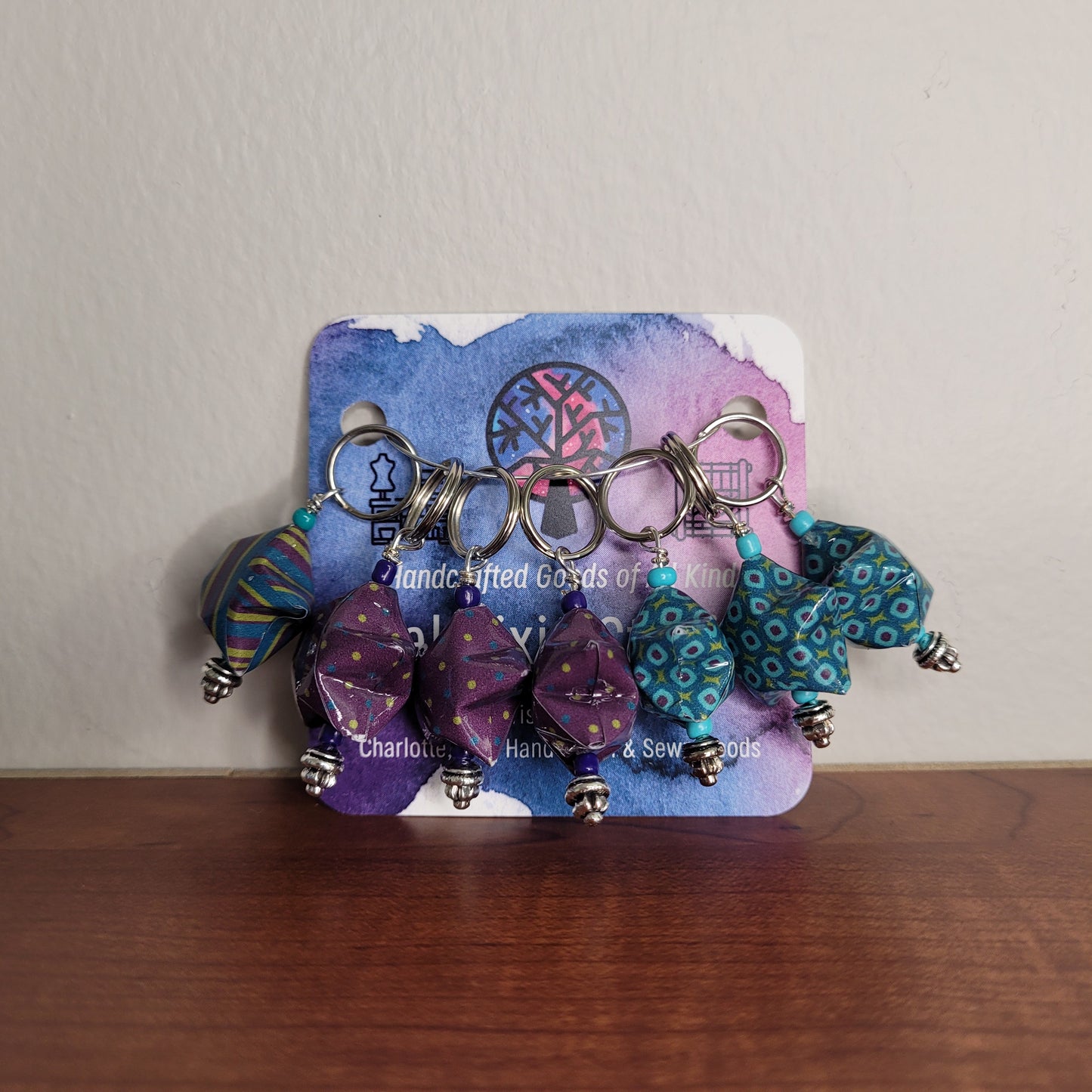 Stitch Marker | Handmade Paper Stars | Navy/Purple/Teal Dots & Stripes | Set of 7