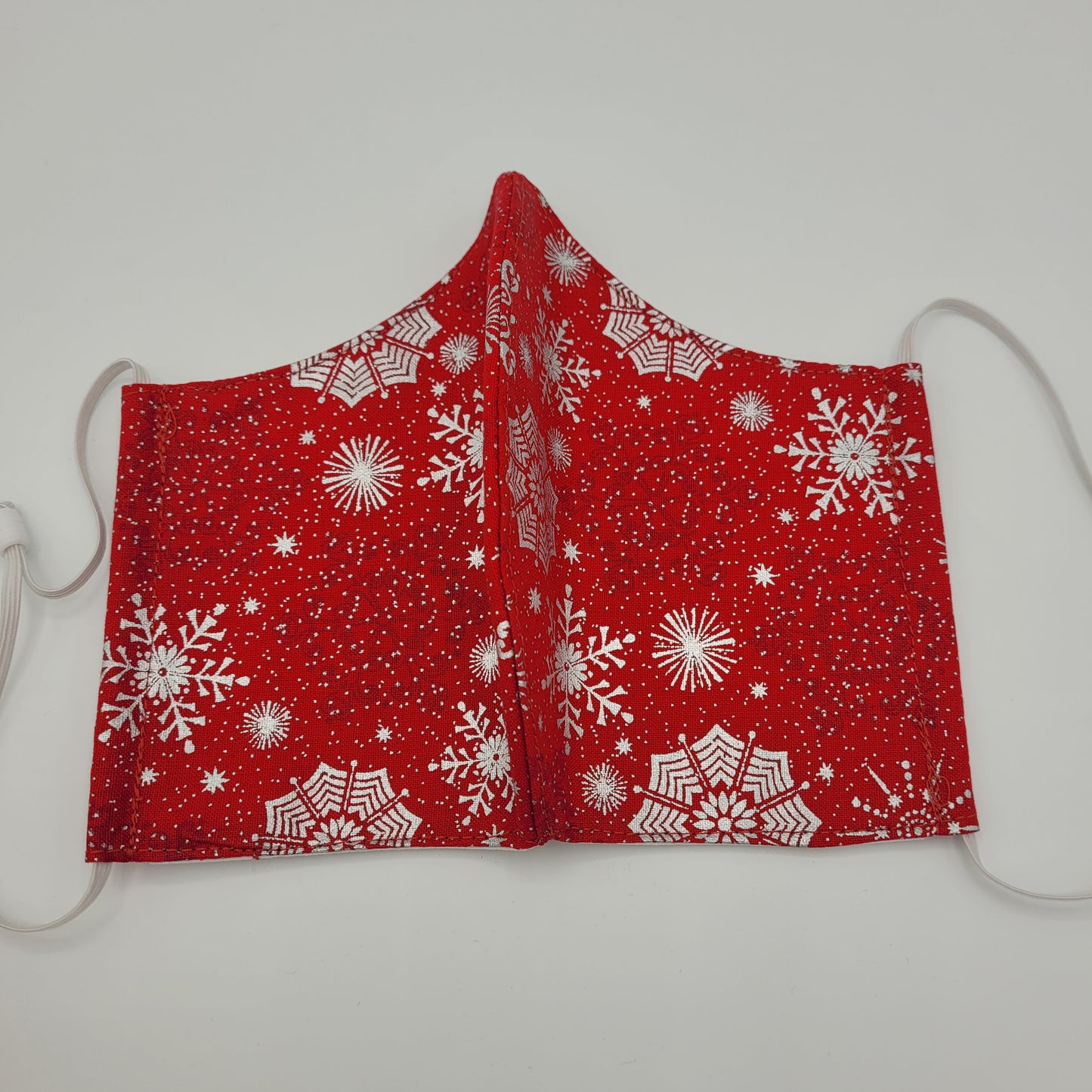 Cotton Face Mask w/ Filter Pocket | Adjustable Tie Ear Loops | Red/White Snowflake | Washable Mask