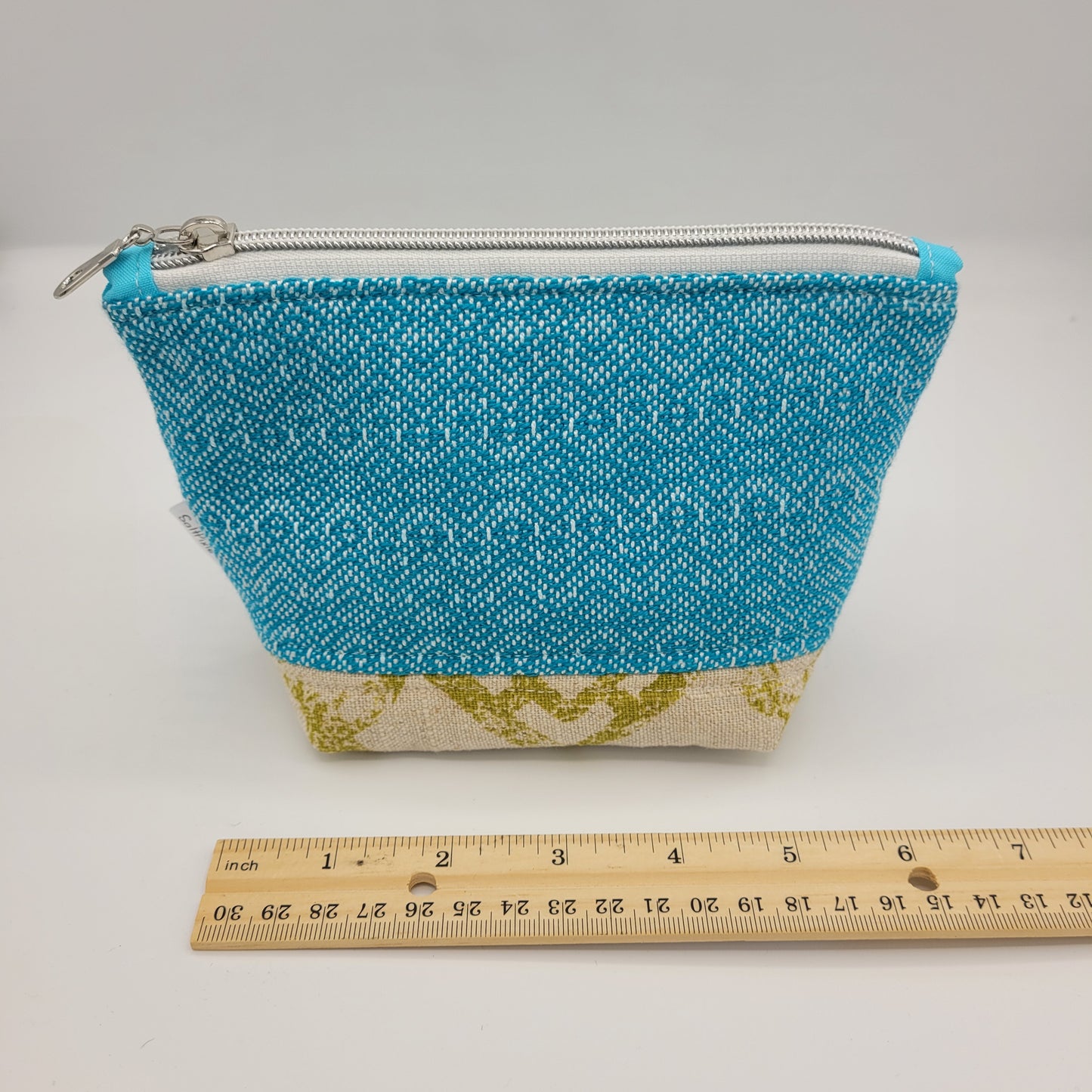 Zipper Pouch | Handwoven + Linen | Turquoise Green/Tan | Small