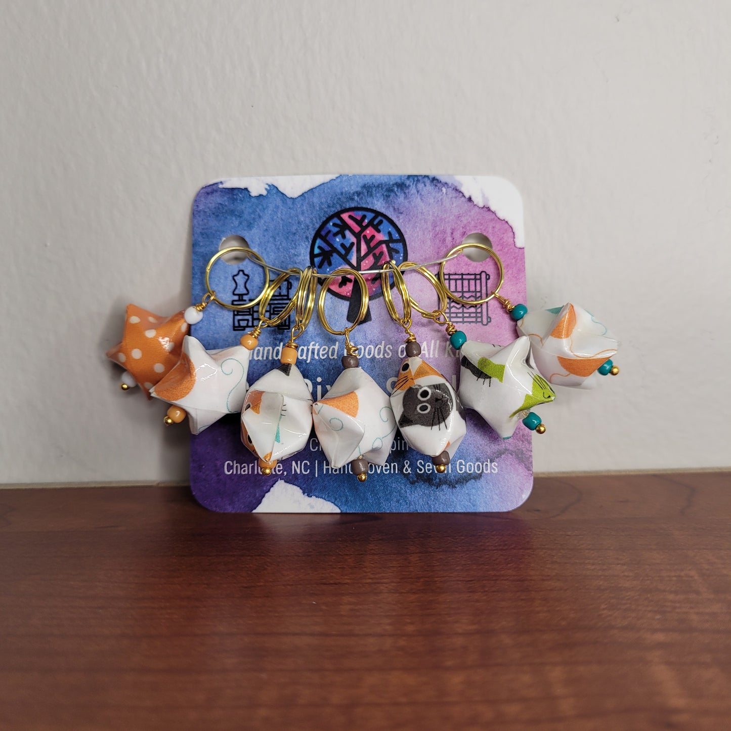 Stitch Marker | Handmade Paper Stars | Orange/White Cat Print | Set of 7
