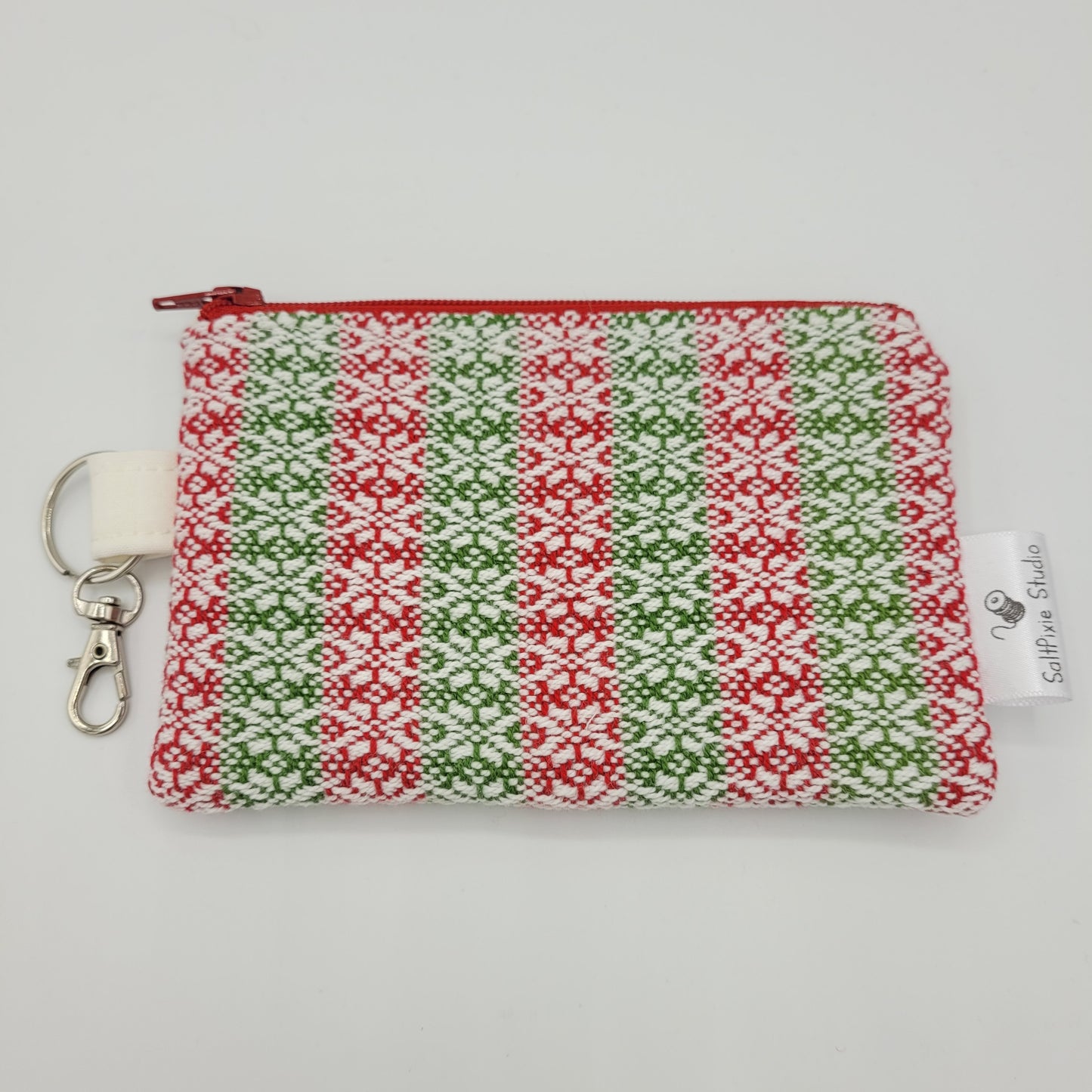 Mini Zipper Pouch | Handwoven Cotton | Snowflake Red/Green Stripes