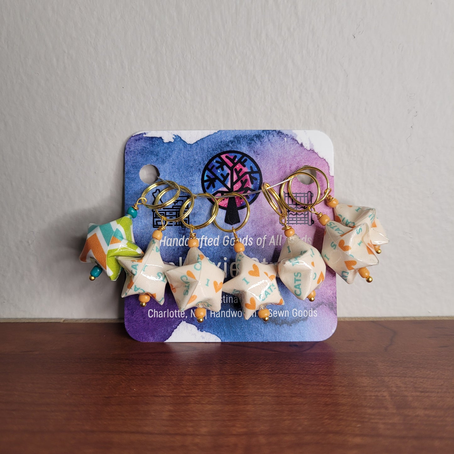 Stitch Marker | Handmade Paper Stars | Kitty Print Text | Set of 7