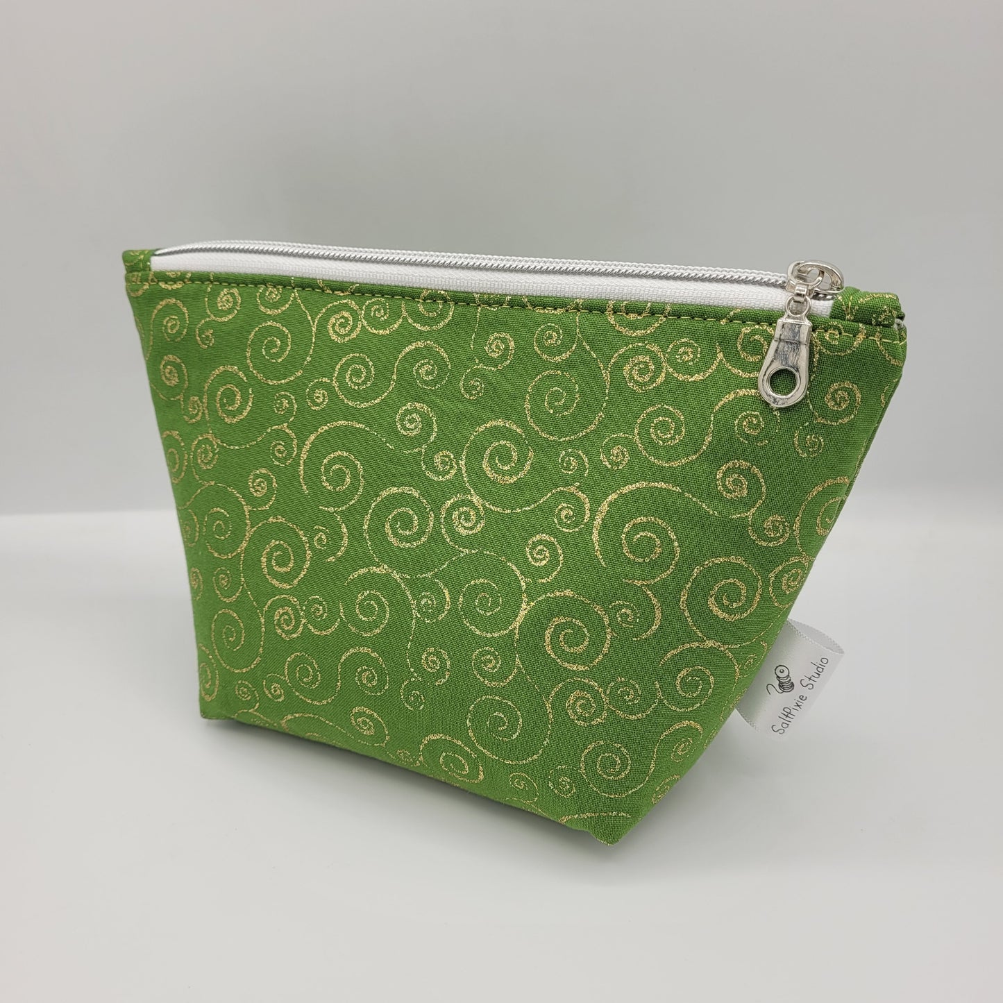 Zipper Pouch | Single Panel Cecily Bag | Cotton Green/Gold Swirls | Medium
