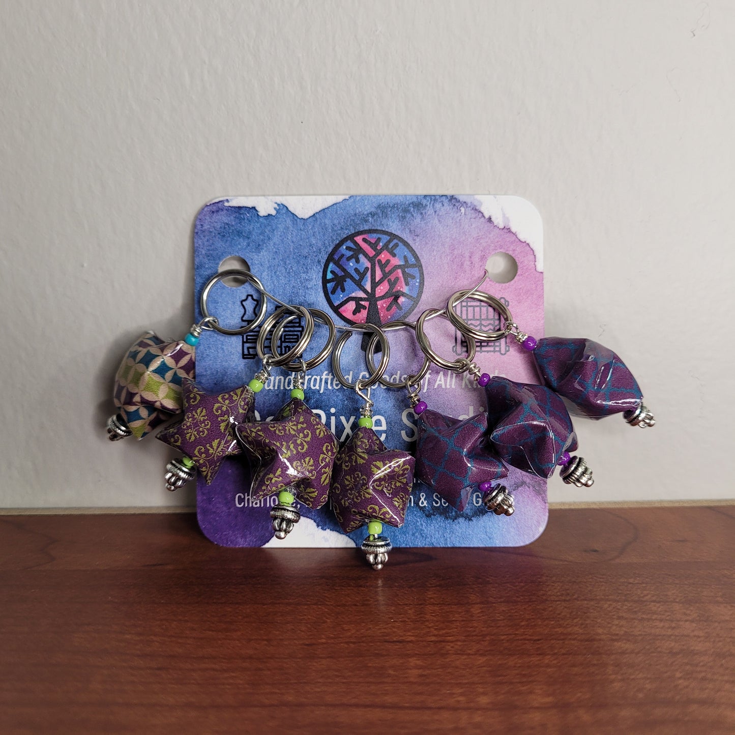 Stitch Marker | Handmade Paper Stars | Purple/Lime Swirls & Diamonds | Set of 7