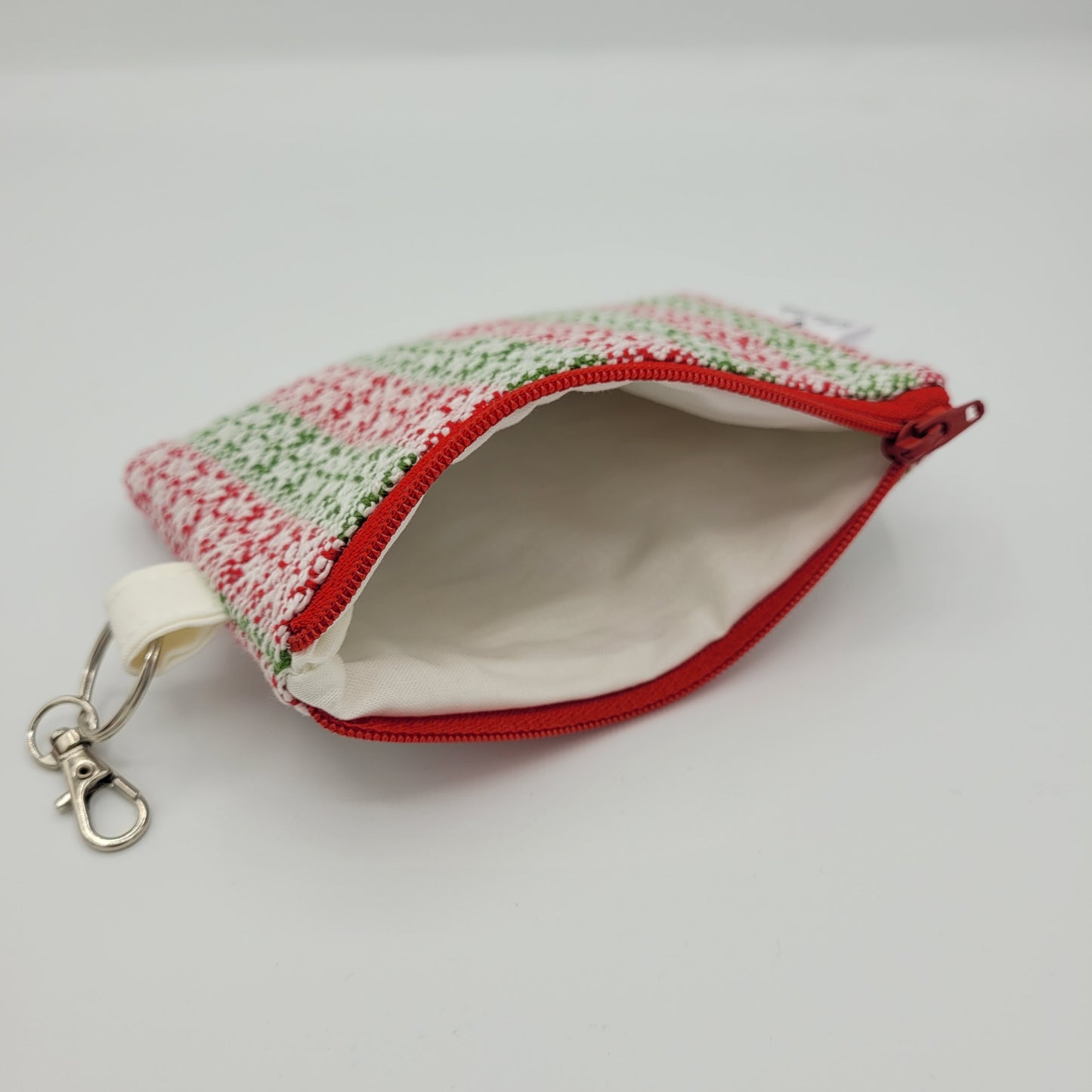 Mini Zipper Pouch | Handwoven Cotton | Snowflake Red/Green Stripes