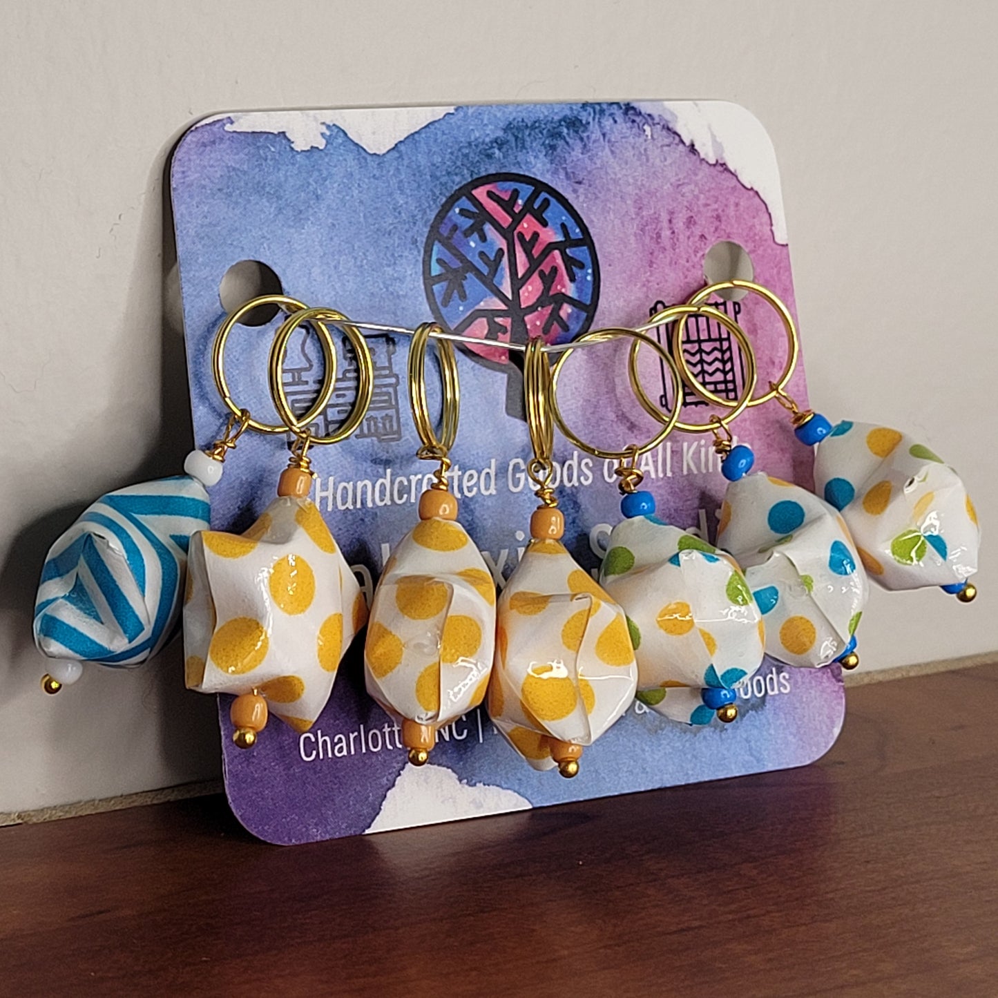 Stitch Marker | Handmade Paper Stars | Yellow/Green/Blue Polka Dots & Stripe | Set of 7