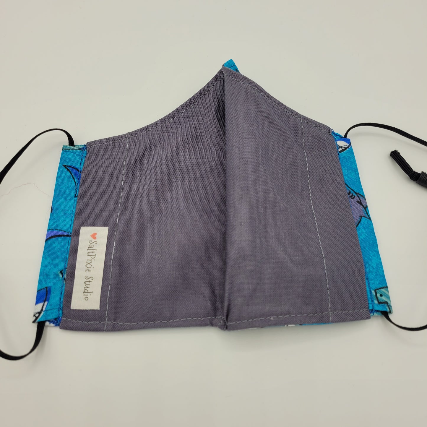 Cotton Face Mask w/ Filter Pocket | Adjustable Tie Ear Loops | Cartoon Shark Print | Washable Mask